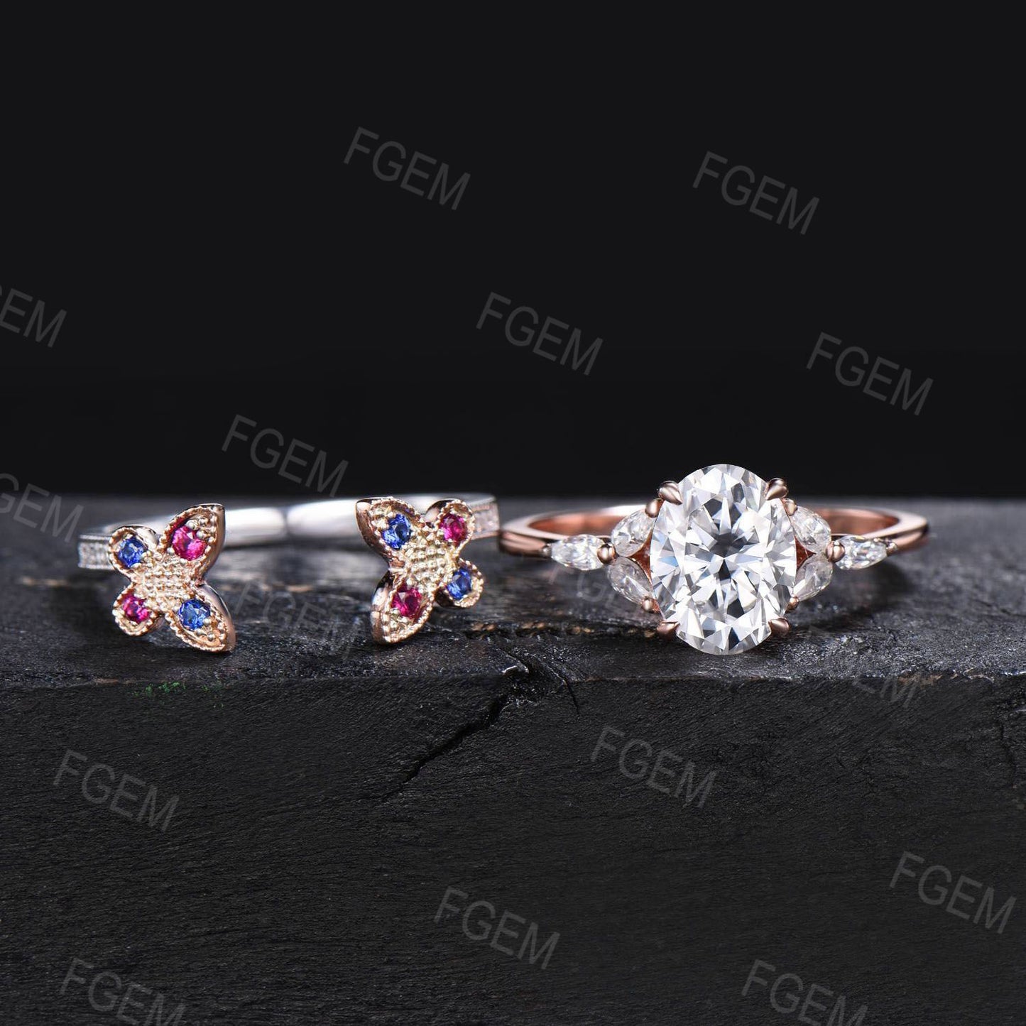 Dainty Butterfly Moissanite Engagement Ring Set 1.5CT Oval Moissanite Bridal Ring 14K Gold Wedding Ring Unique Sapphire Ruby Stacking Ring