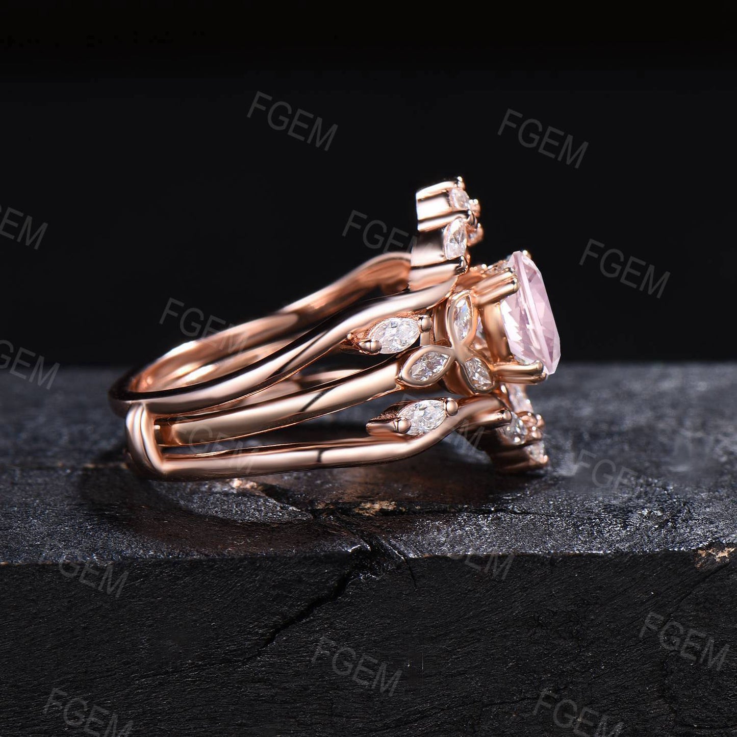 Natural Rose Quartz Engagement Ring Set Moissanite Cluster Bridal Set Rose Gold Enhancer Guard Wedding Ring Pink Crystal Ring Proposal Gift