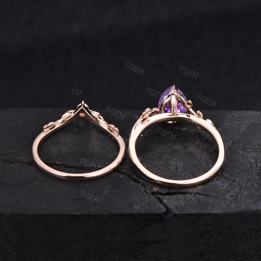 Nature Inspired Natural Amethyst Bridal Set 1.25ct Pear Shape Leaf Amethyst Engagement Ring Purple Crystal Wedding Ring Set Branch Twig Ring