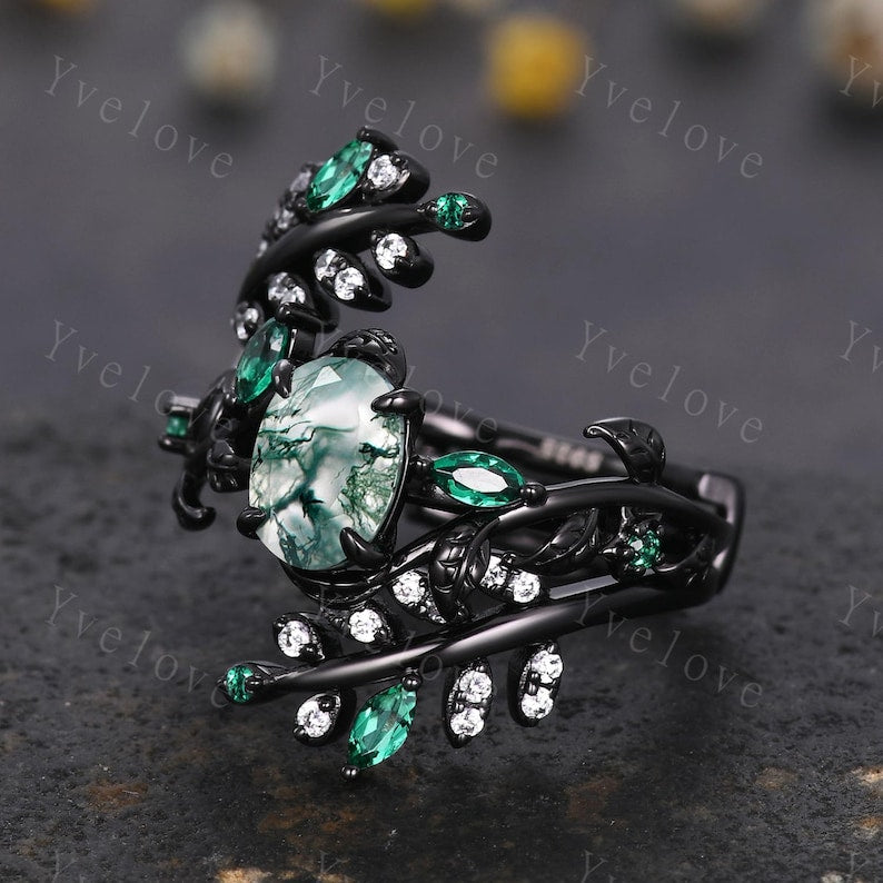 Black Gold Leaf Moss Agate Emerald Engagement Enhancer Wrap Bridal Ring Set