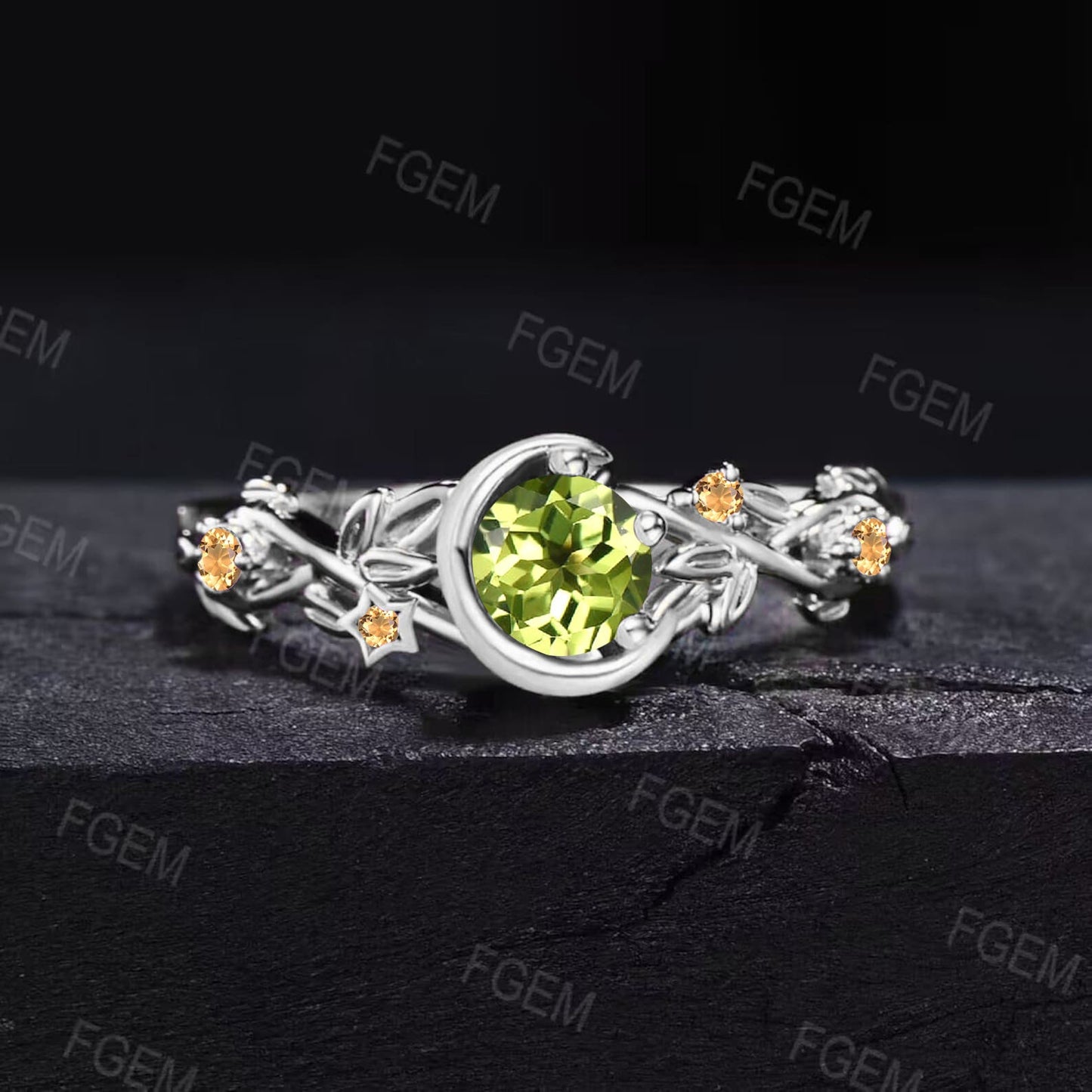 Moon Star Design Natural Peridot and Citrine Ring 10K Rose Gold Nature Inspired Green Peridot Promise Ring August Birthstone Birthday Gifts