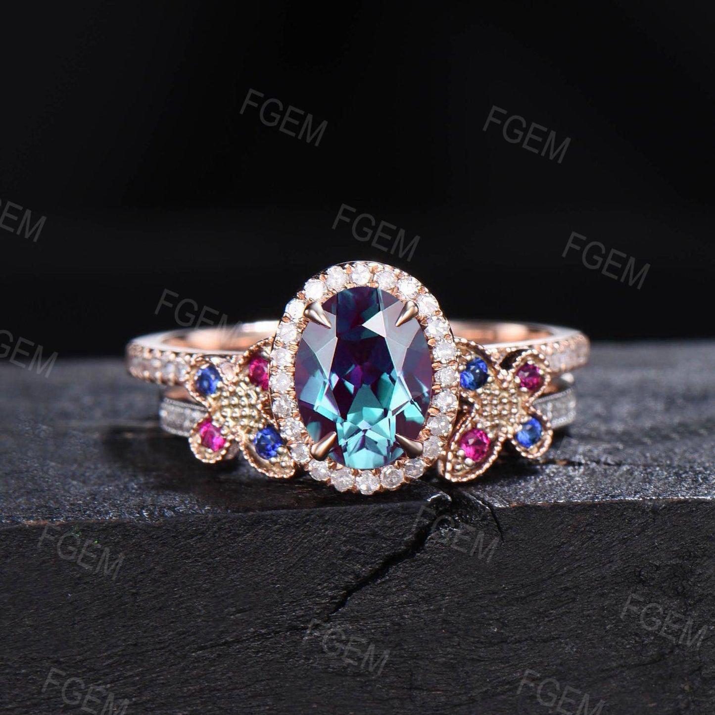 Vintage Oval Cut Alexandrite Engagement Ring Set 14K Rose Gold Butterfly Wedding Ring Halo Moissanite Bridal Set Sapphire Ruby Proposal Ring