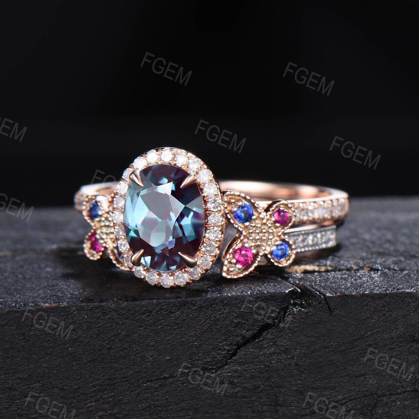 Vintage Oval Cut Alexandrite Engagement Ring Set 14K Rose Gold Butterfly Wedding Ring Halo Moissanite Bridal Set Sapphire Ruby Proposal Ring
