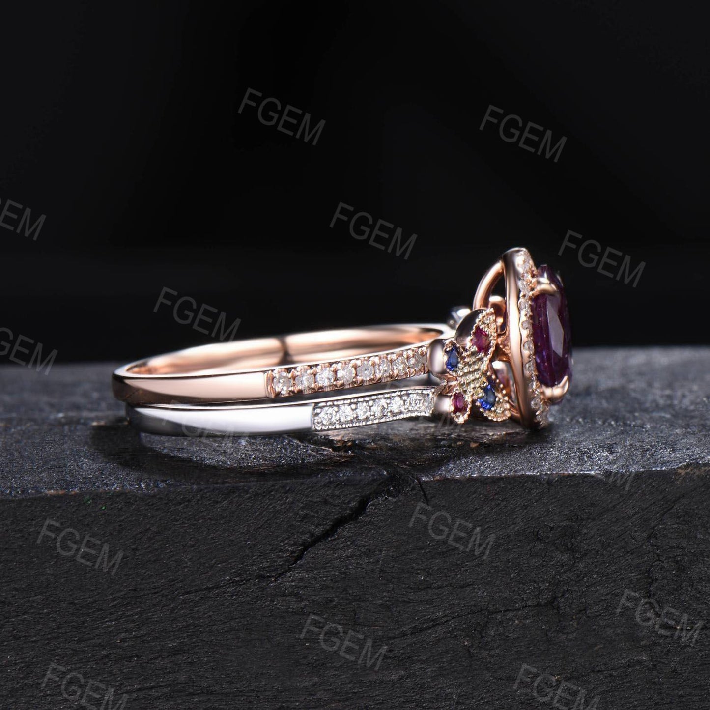Vintage Oval Cut Alexandrite Engagement Ring Set 14K Rose Gold Butterfly Wedding Ring Halo Moissanite Bridal Set Sapphire Ruby Proposal Ring