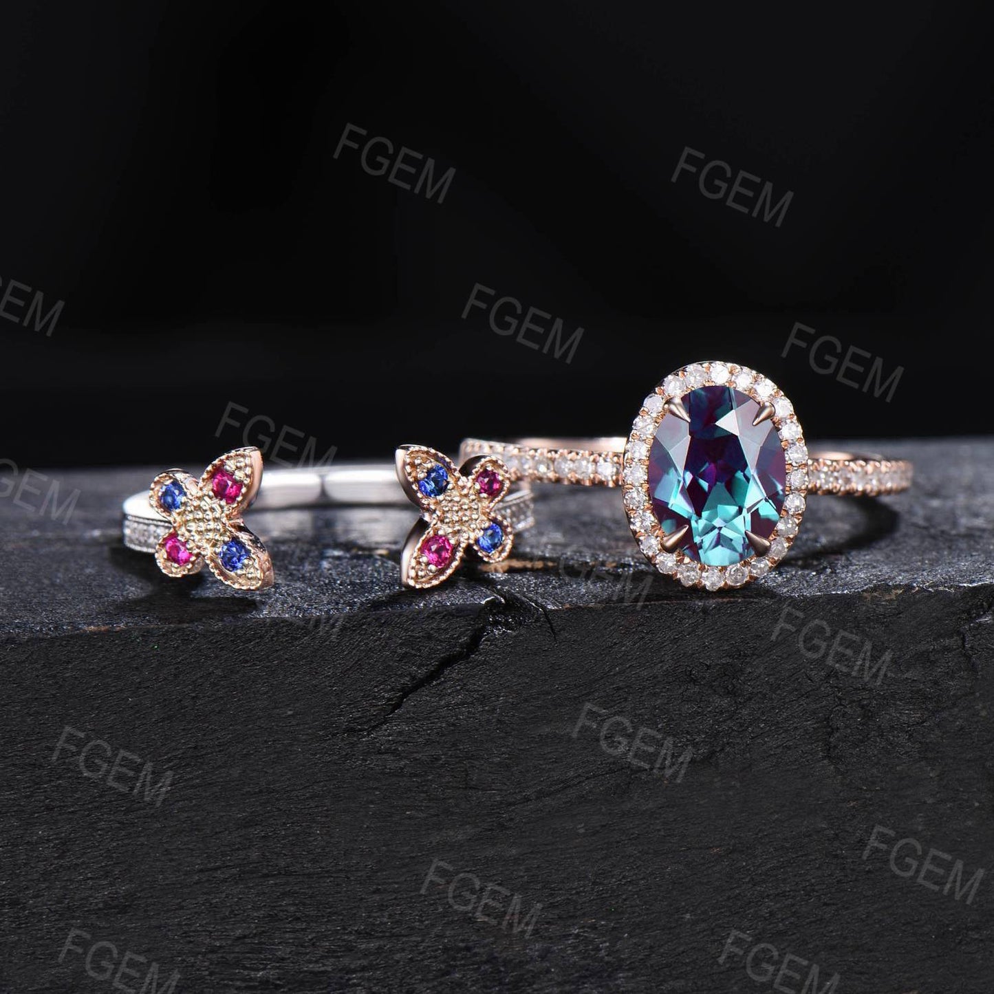 Vintage Oval Cut Alexandrite Engagement Ring Set 14K Rose Gold Butterfly Wedding Ring Halo Moissanite Bridal Set Sapphire Ruby Proposal Ring