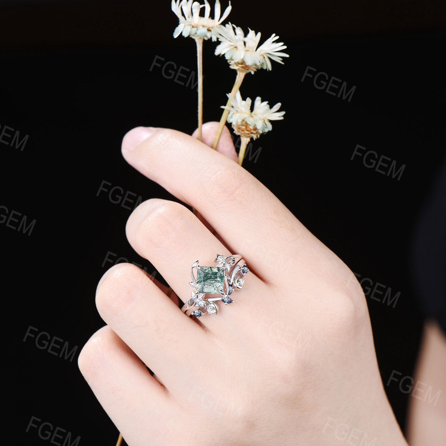 Princes Cut Natural Moss Agate Ring Set Nature Inspired Green Agate Wedding Ring Set Art Deco Moon Star Moonstone Moss Bridal Set for Women