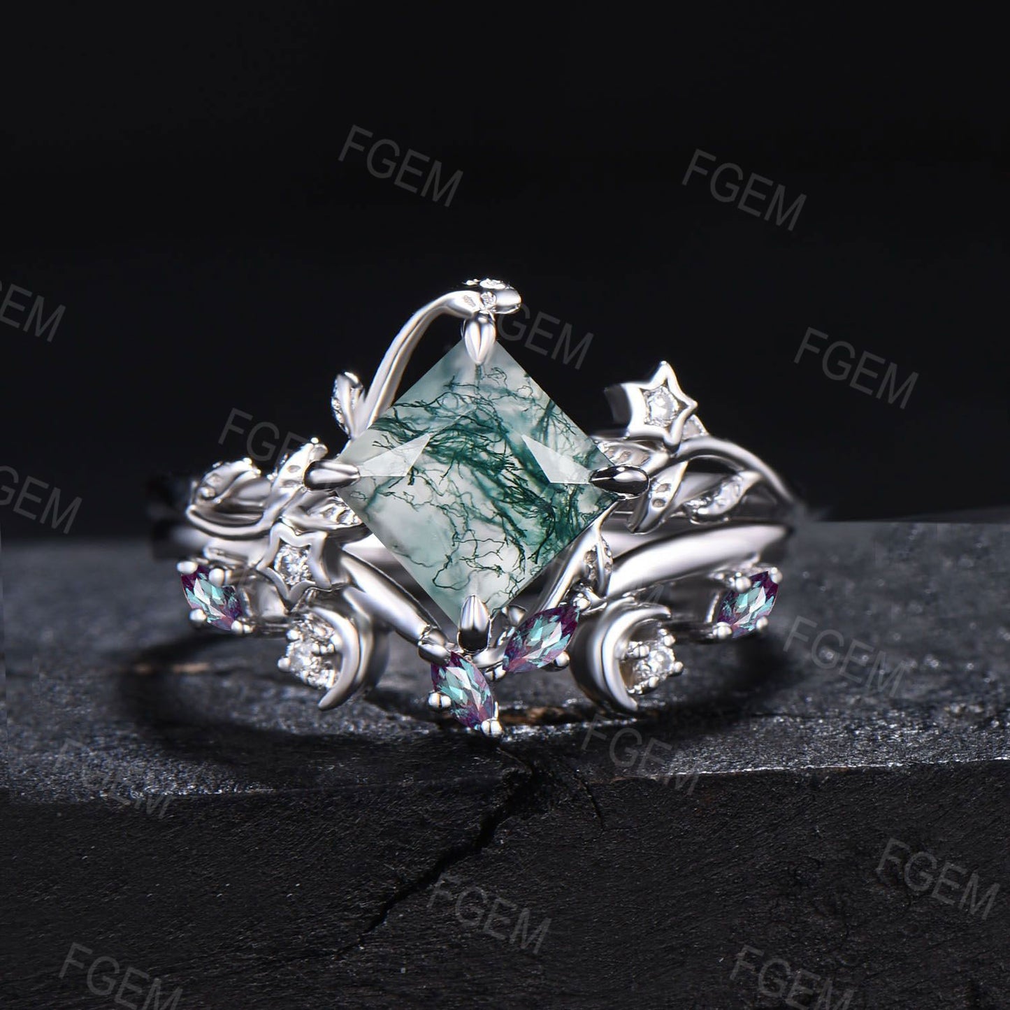 Princes Cut Natural Moss Agate Ring Set Nature Inspired Green Agate Wedding Ring Set Art Deco Moon Star Moonstone Moss Bridal Set for Women