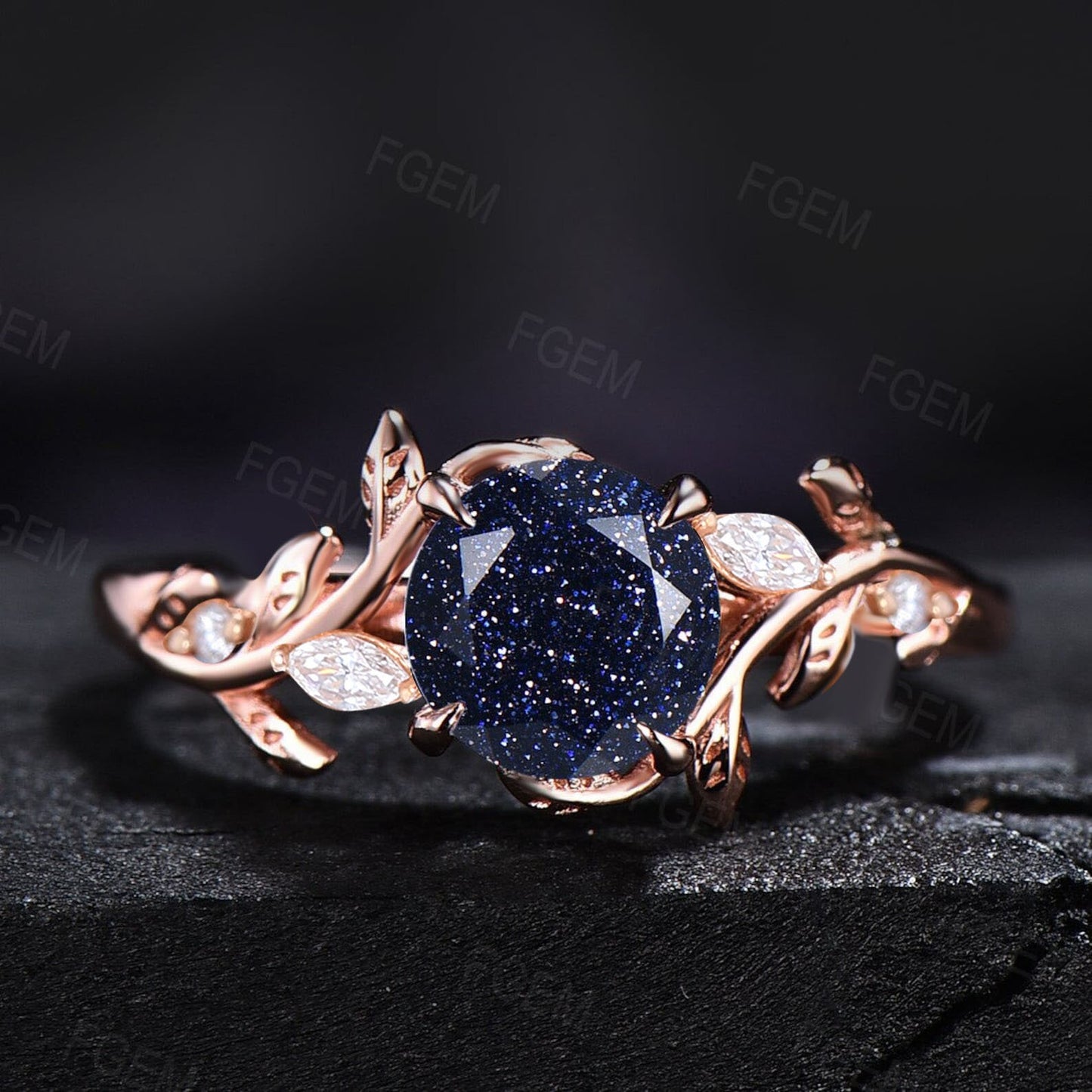 Nature Inspired Galaxy Blue Sandstone Leaf Engagement Ring Round Blue Goldstone Cluster Natural Black Spinel Promise Ring Anniversary Gifts