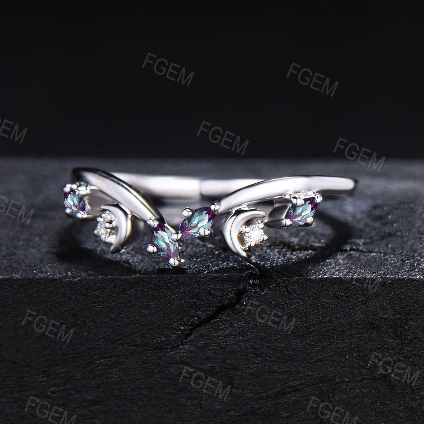 Unique Marquise Alexandrite Wedding Band Sterling Moon Moissanite Matching Band Minimalist Chevron Ring Curved Stacking Band Proposal Women Gifts