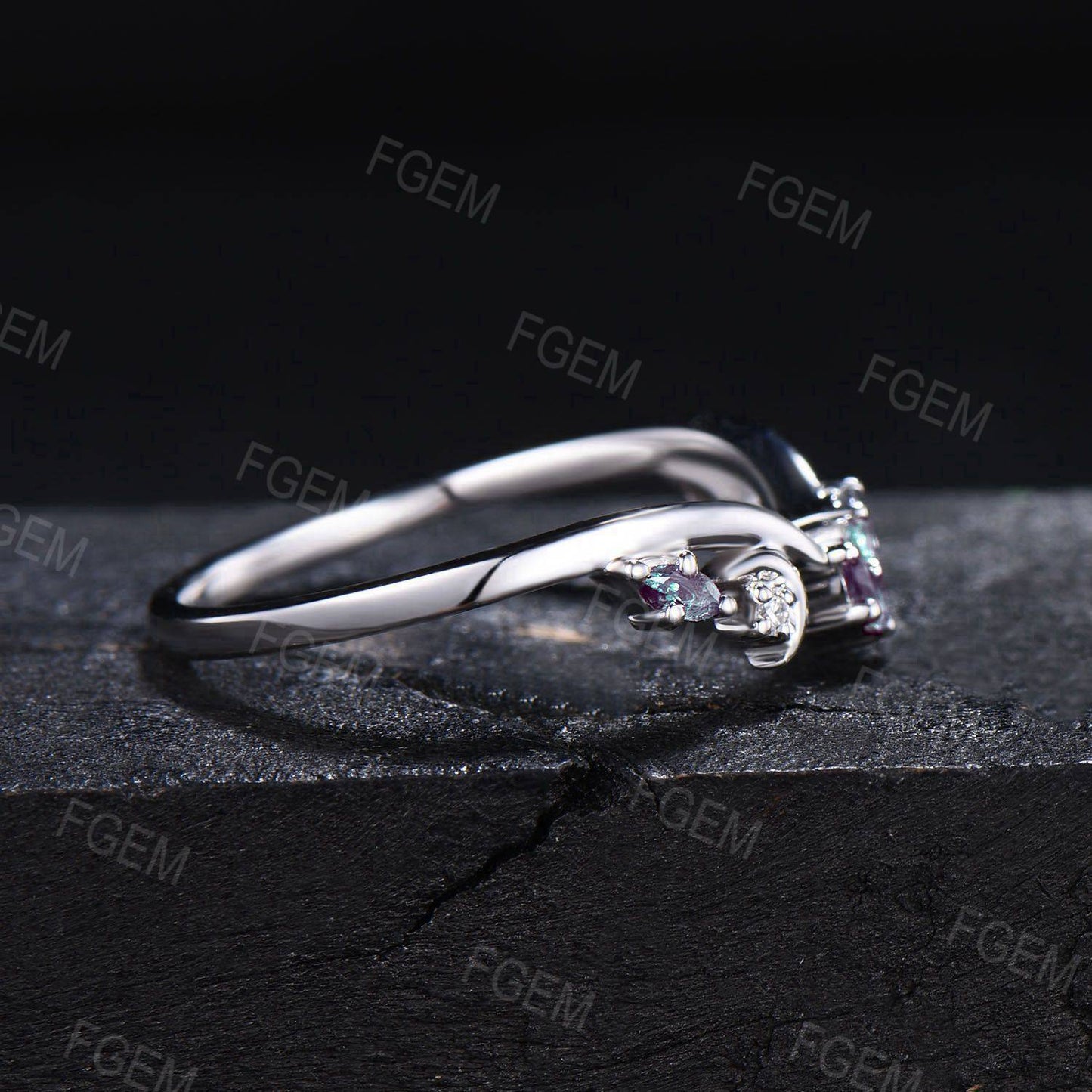 Unique Marquise Alexandrite Wedding Band Sterling Moon Moissanite Matching Band Minimalist Chevron Ring Curved Stacking Band Proposal Women Gifts