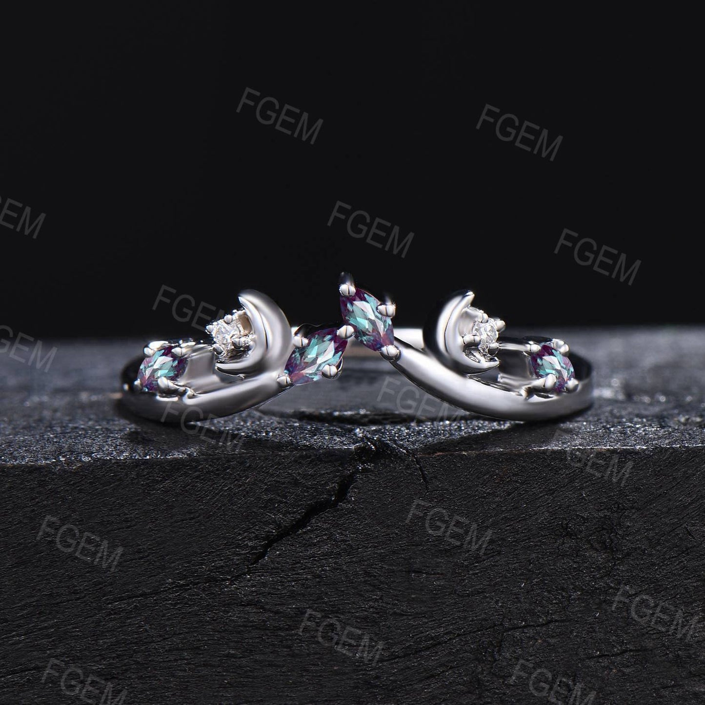 Unique Marquise Alexandrite Wedding Band Sterling Moon Moissanite Matching Band Minimalist Chevron Ring Curved Stacking Band Proposal Women Gifts