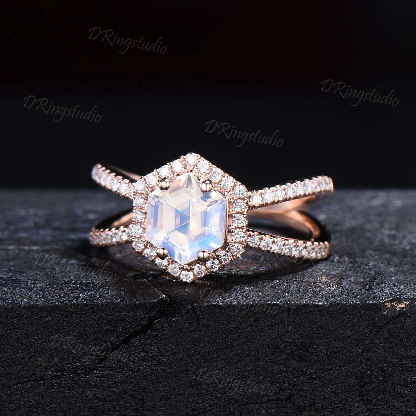 Hexagon Natural Moonstone Halo Engagement Ring Split Moissanite Ring Unique Half Eternity Moonstone Wedding Ring Art Pave Ring Gifts For Her