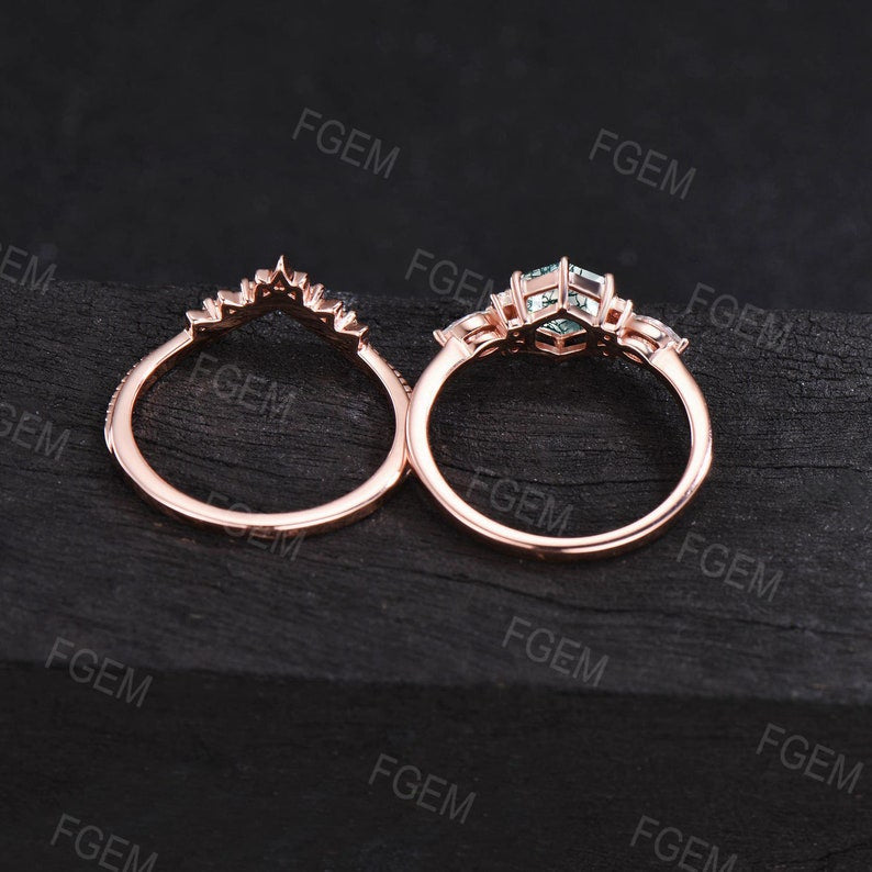 1ct Hexagon Cut Moss Agate Engagement Ring Set Curve CZ Diamond Wedding Band Rose Gold Moss Agate Bridal Set For Women Unique Proposal Gifts