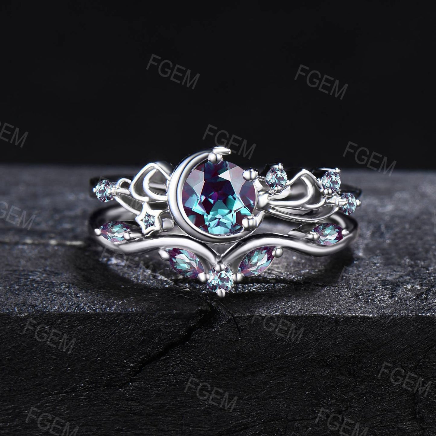 Moon Star Color-Change Alexandrite Filigree Ring Set Bowknot Sailor Moon Round Alexandrite Amethyst Bridal Set June Birthstone Women Gift