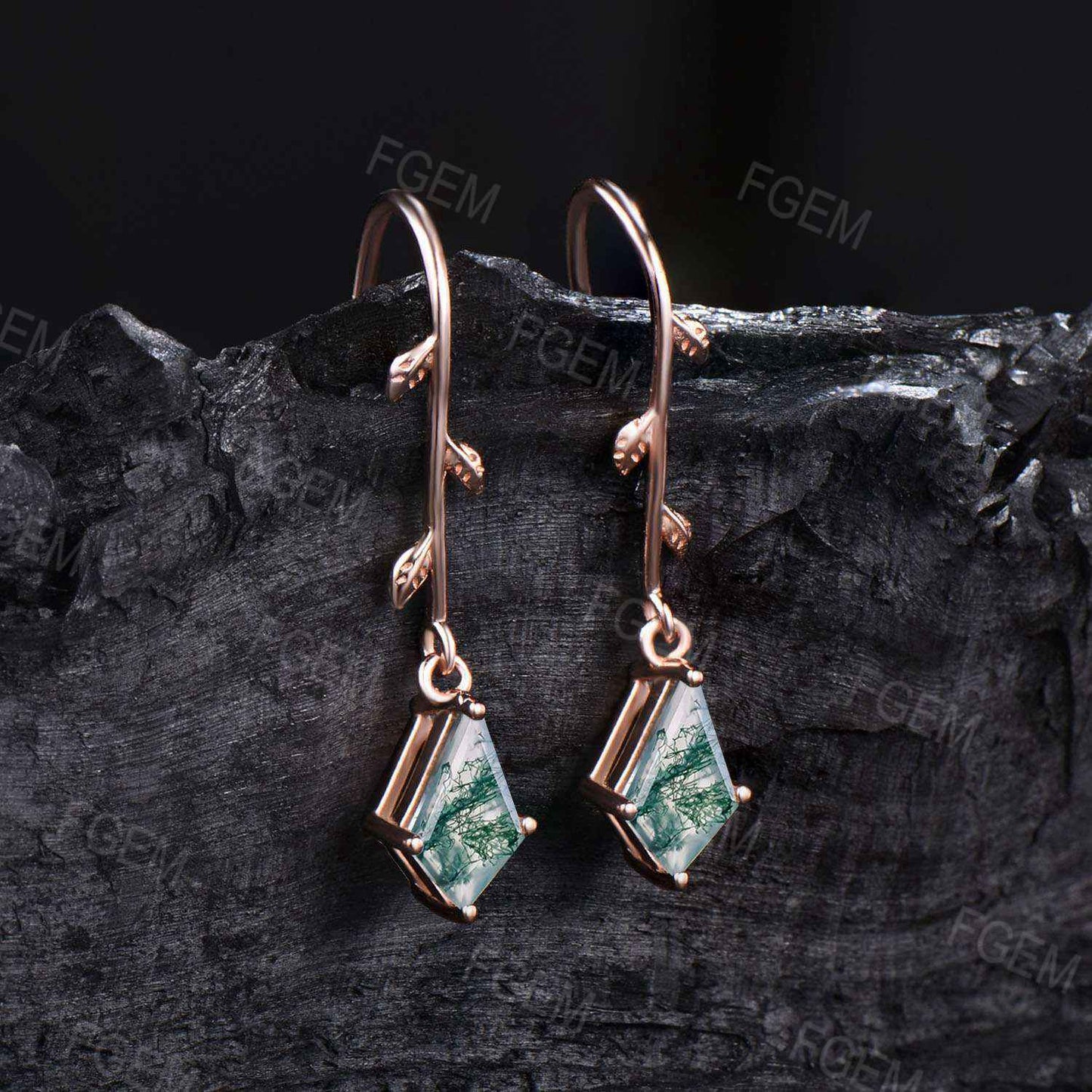 Nature Inspired Moss Agate Drop Earrings Gold Leaf Earrings 1ct Kite Green Moss Earrings Green Gemstone Dangle Earrings Bridal Jewelry Gifts
