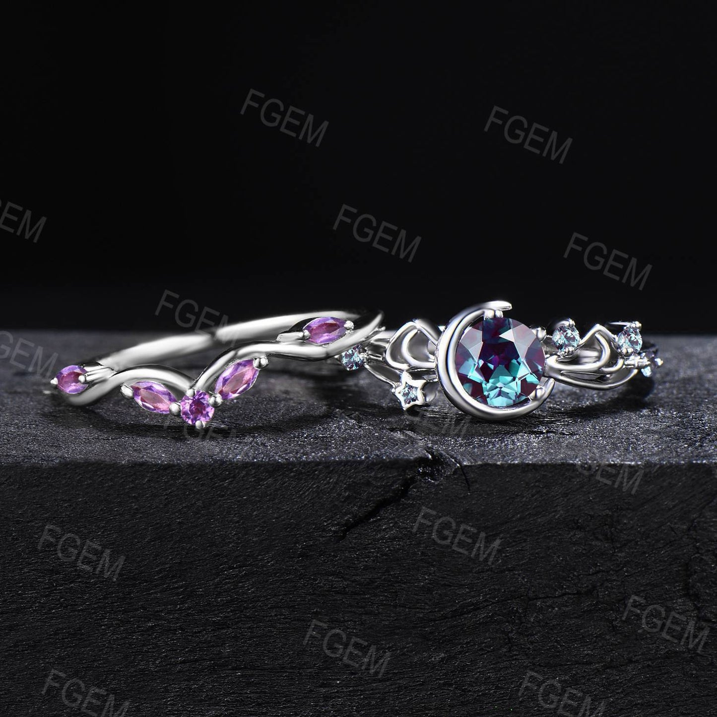 Moon Star Color-Change Alexandrite Filigree Ring Set Bowknot Sailor Moon Round Alexandrite Amethyst Bridal Set June Birthstone Women Gift
