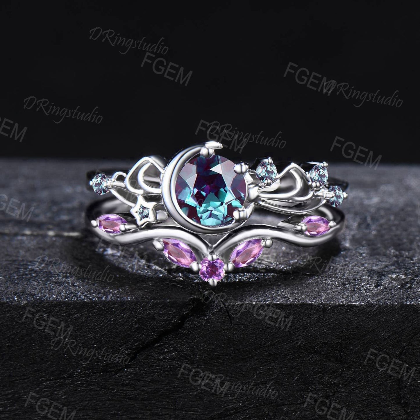 Moon Star Color-Change Alexandrite Filigree Ring Set Bowknot Sailor Moon Round Alexandrite Amethyst Bridal Set June Birthstone Women Gift