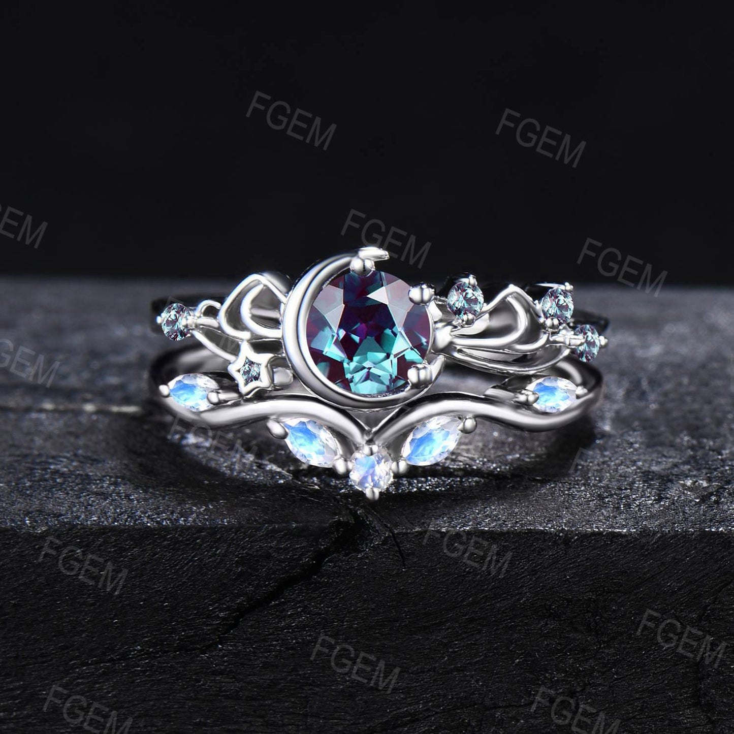 Moon Star Color-Change Alexandrite Filigree Ring Set Bowknot Sailor Moon Round Alexandrite Amethyst Bridal Set June Birthstone Women Gift