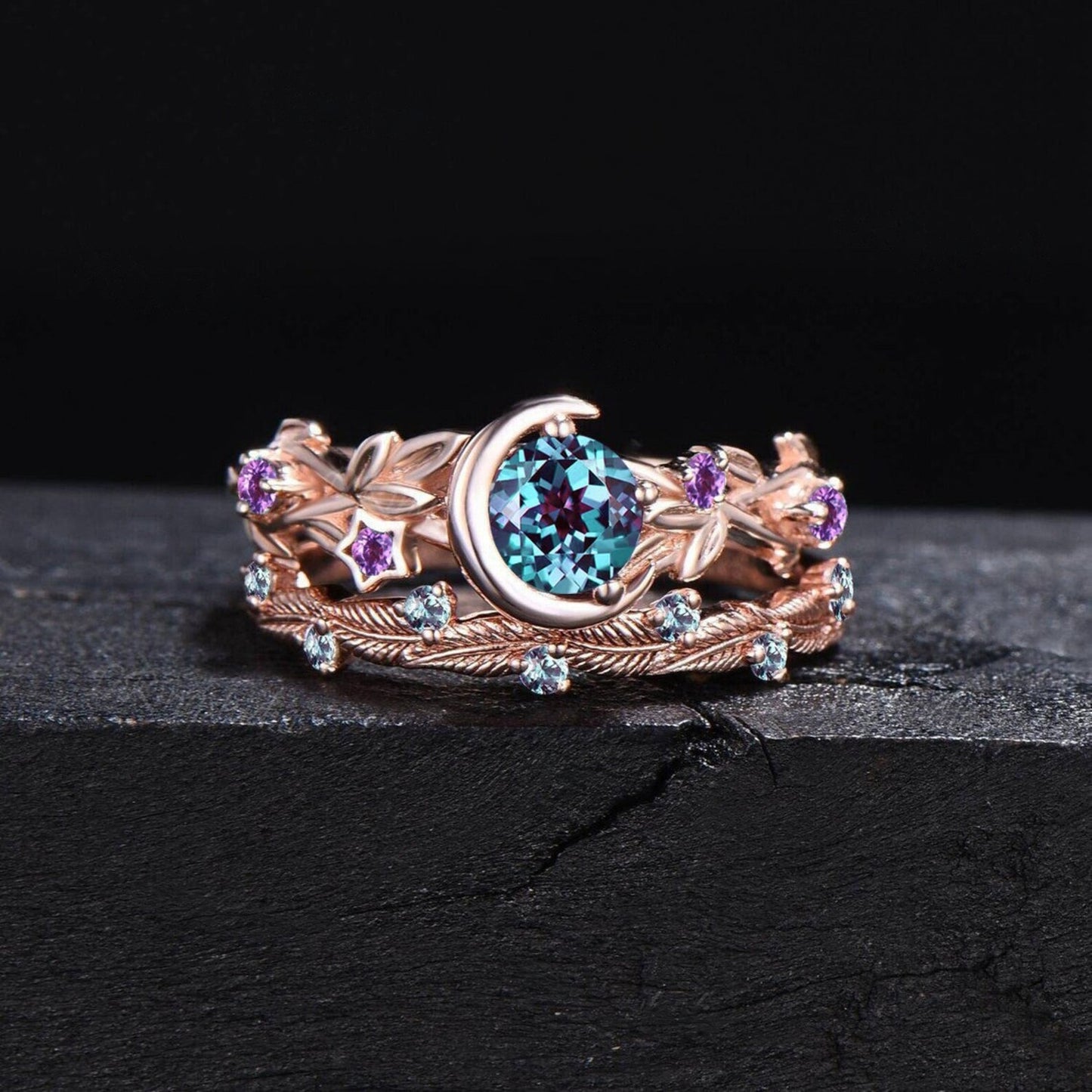 Nature Inspired Color-Change Alexandrite Engagement Ring Moon Star Design Round Alexandrite Ring Branch Leaf June Birthstone Wedding Rings