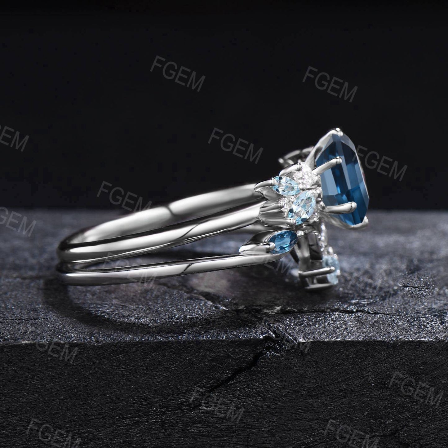 White Gold Butterfly Ring Round Natural London Blue Topaz Engagement Ring Art Deco Aquamarine Bridal Set December Birthstone Promise Gift