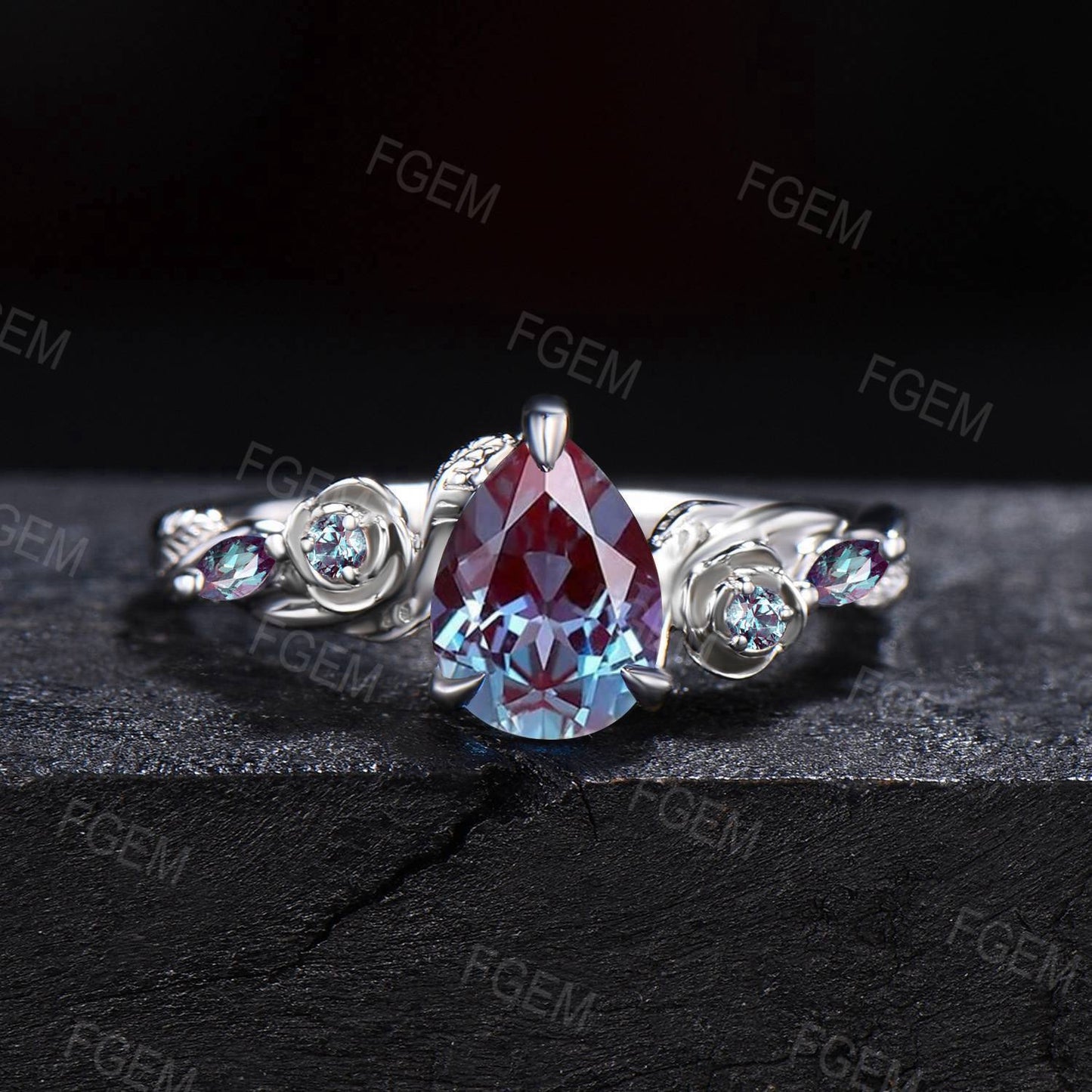 Rose Flower Alexandrite Rings 1.25ct Twig Vine Branch Nature Inspired Teardrop Cut Alexandrite Engagement Ring Unique June Birthstone Gifts