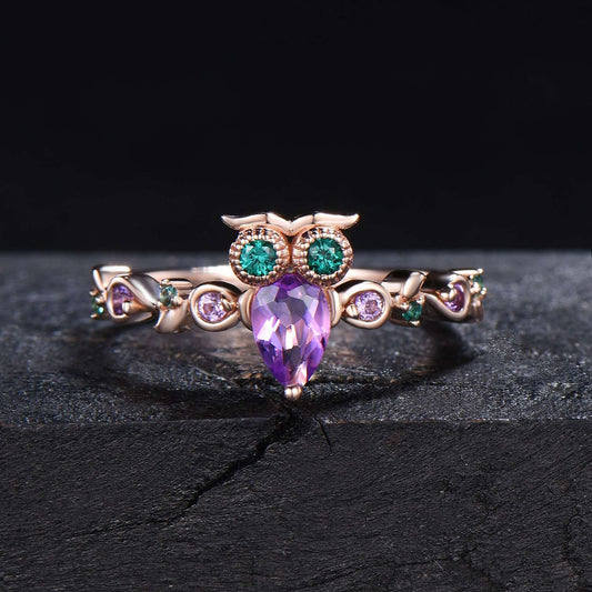Branch Twig Vine Owl Amethyst Engagement Ring Antique Nature Inspired Pear Natural Purple Amethyst Emerald Wedding Ring Unique Proposal Gift