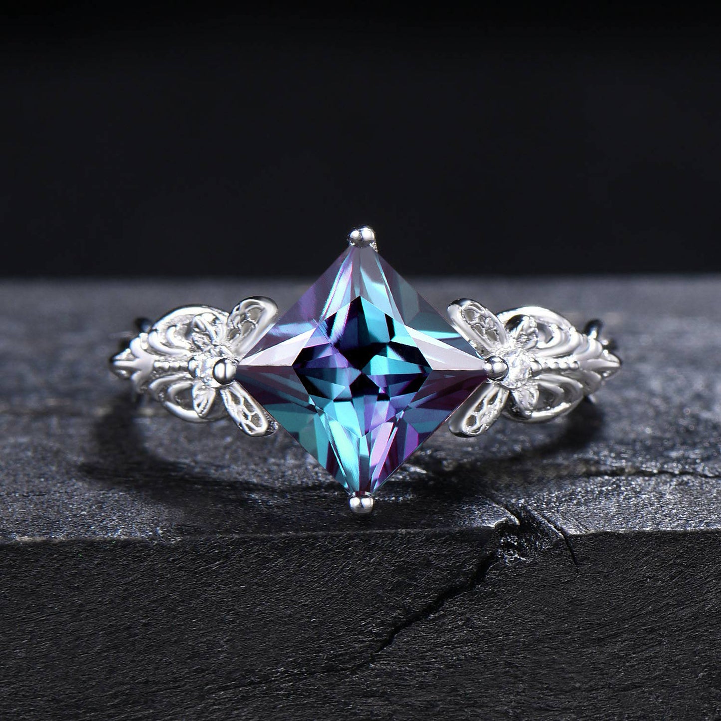 Butterfly Alexandrite Engagement Ring Set 2CT Princess Cut Alexandrite Ring Solid Gold Moissanite Filigree Wedding Ring Women Gift
