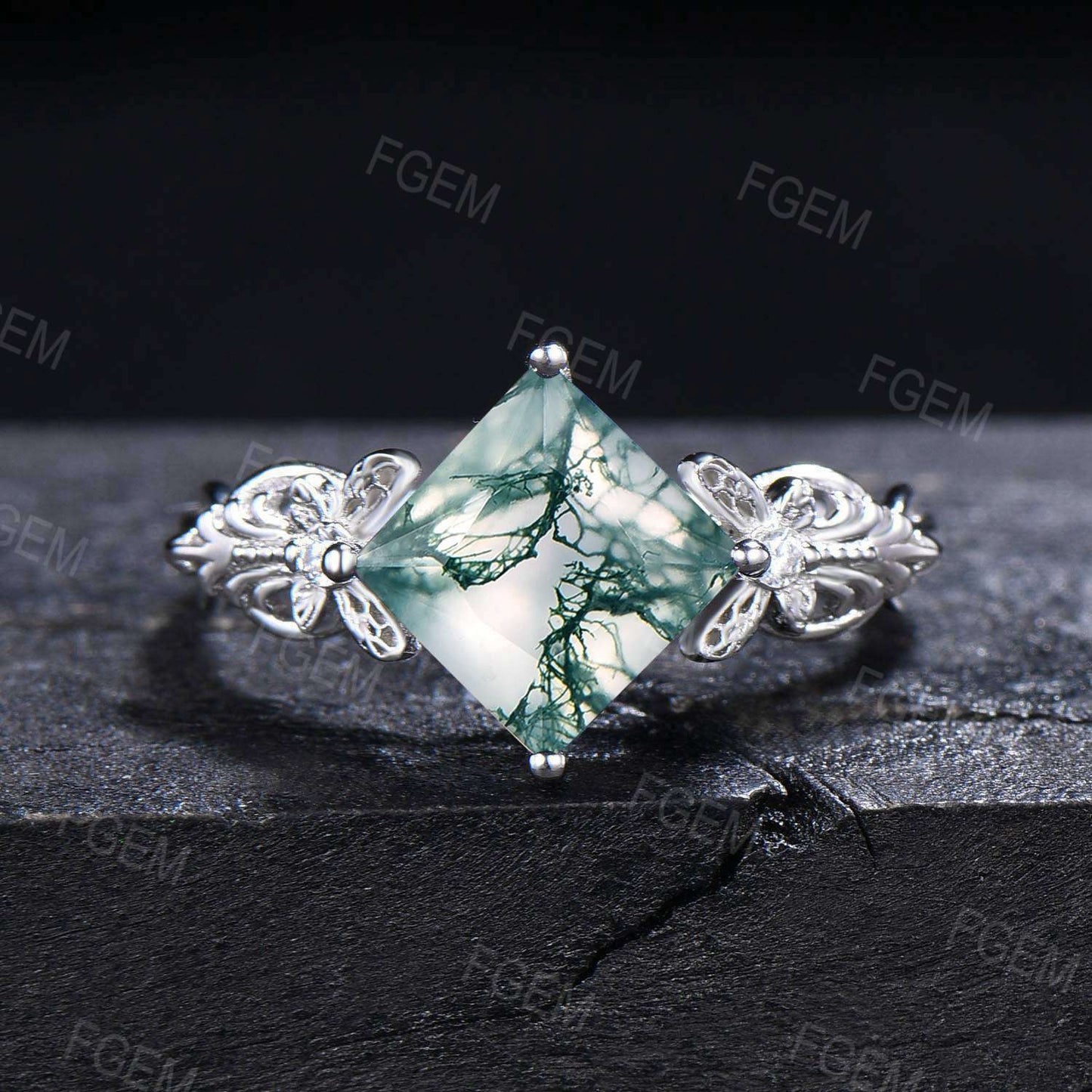 Vintage Natural Moss Agate Ring Silver Princess Cut Green Agate Engagement Ring Butterfly Moissanite Bridal Ring Set Filigree Promise Ring
