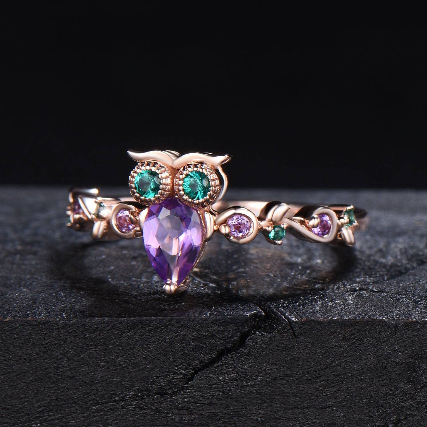 Branch Twig Vine Owl Amethyst Engagement Ring Antique Nature Inspired Pear Natural Purple Amethyst Emerald Wedding Ring Unique Proposal Gift