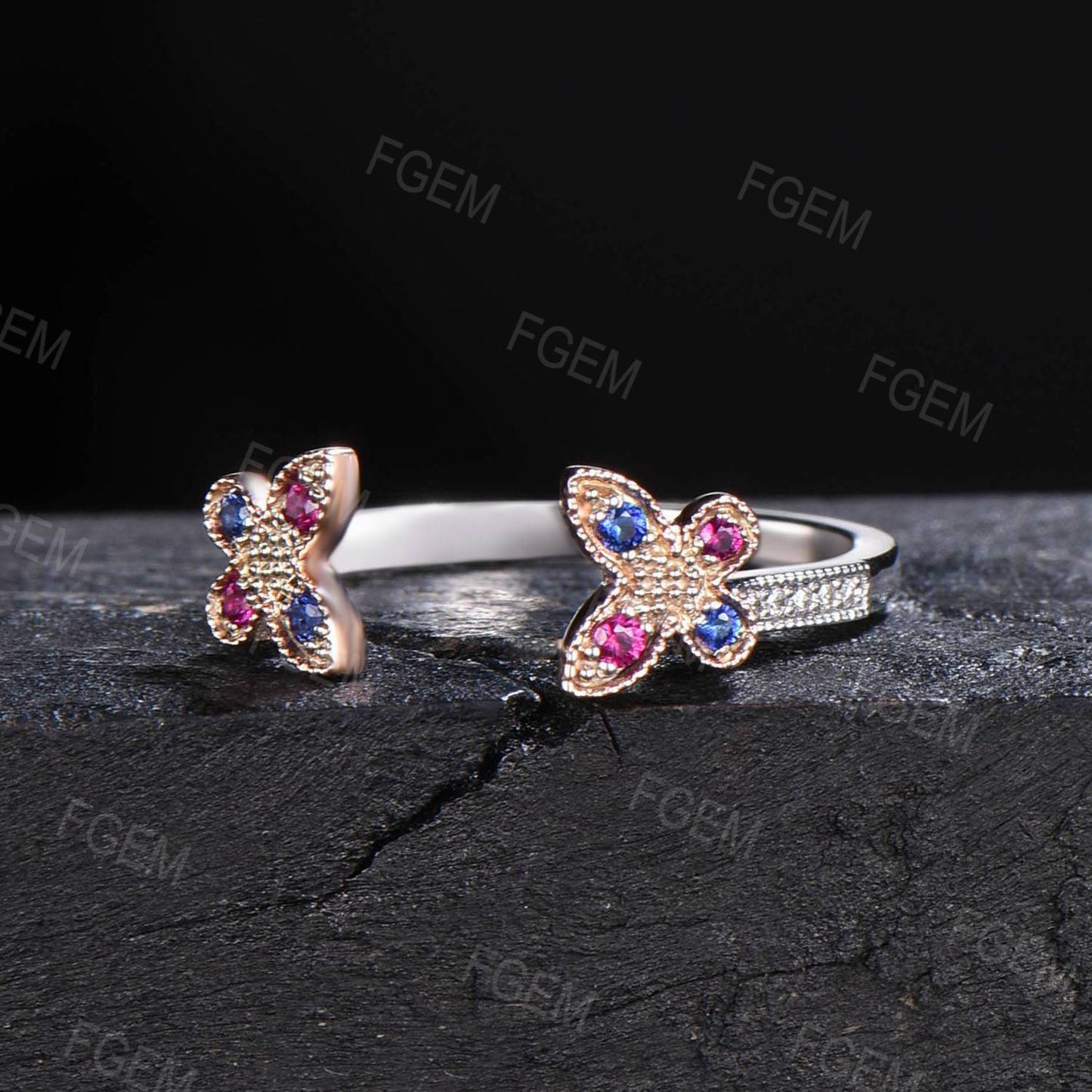 Art Deco Butterfly Wedding Band 14K Rose Gold Enhancer Guard Ring Unique Butterfly Enhancer Ring Vintage Sapphire Ruby Proposal Jacket Band