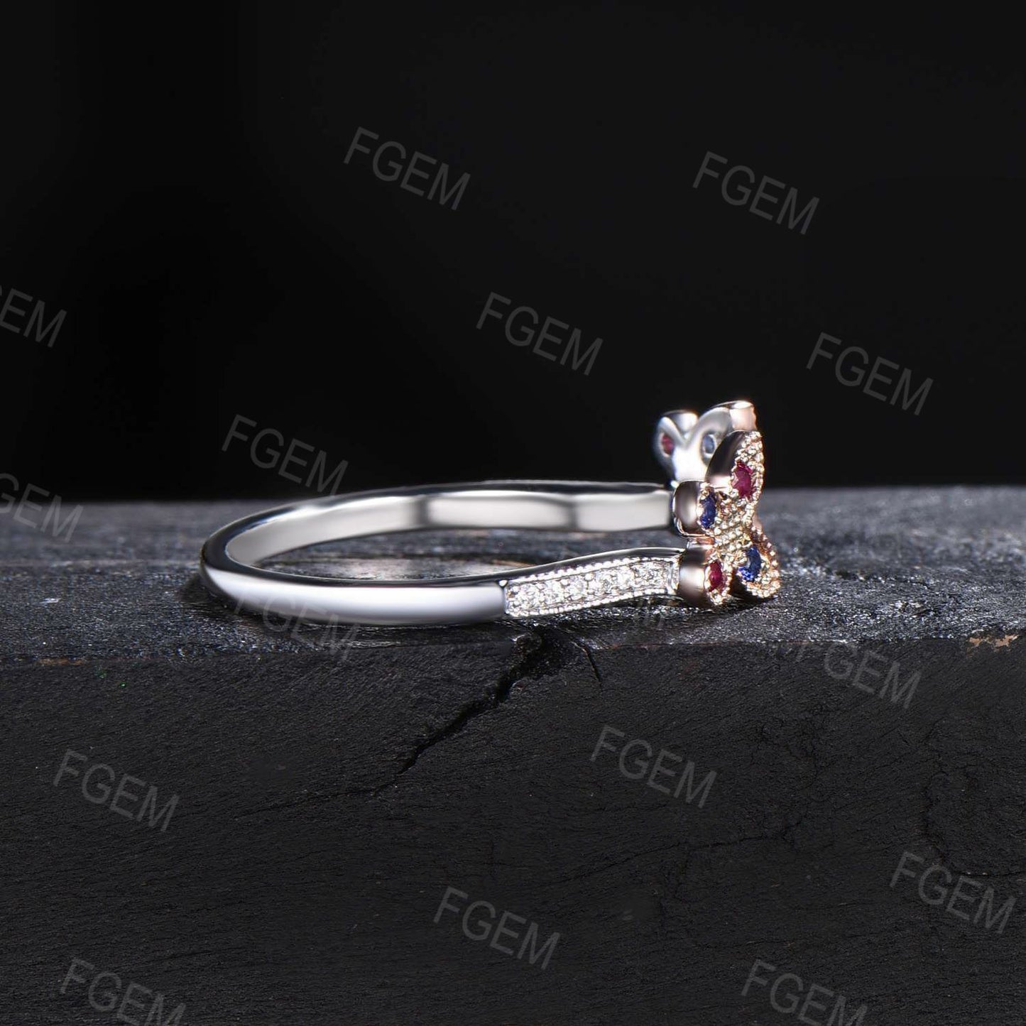 Art Deco Butterfly Wedding Band 14K Rose Gold Enhancer Guard Ring Unique Butterfly Enhancer Ring Vintage Sapphire Ruby Proposal Jacket Band