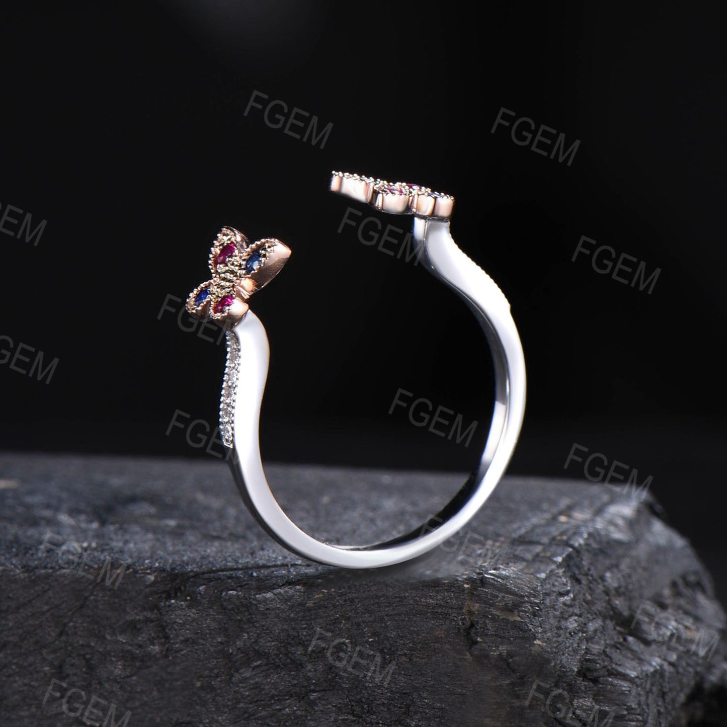 Art Deco Butterfly Wedding Band 14K Rose Gold Enhancer Guard Ring Unique Butterfly Enhancer Ring Vintage Sapphire Ruby Proposal Jacket Band