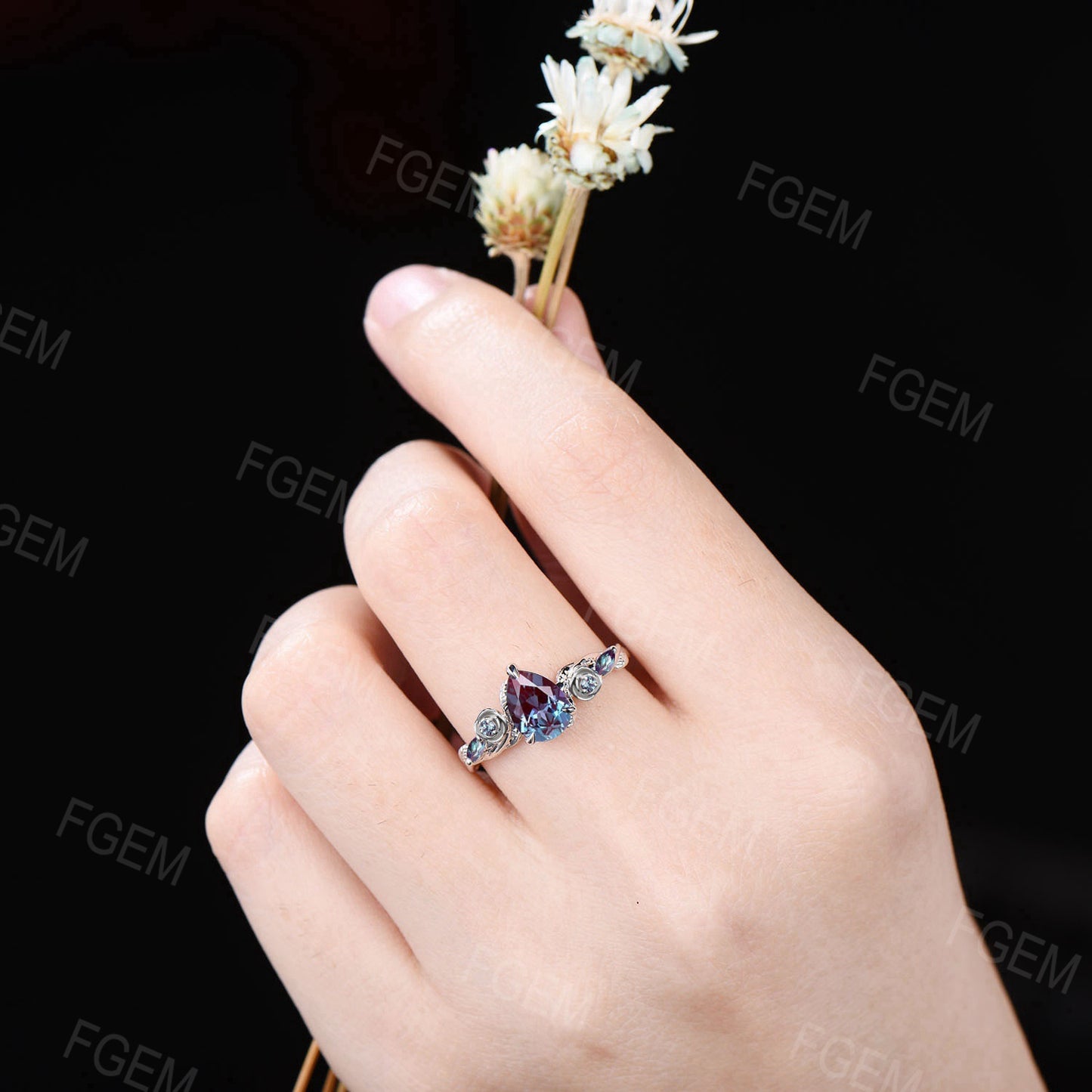Rose Flower Alexandrite Rings 1.25ct Twig Vine Branch Nature Inspired Teardrop Cut Alexandrite Engagement Ring Unique June Birthstone Gifts