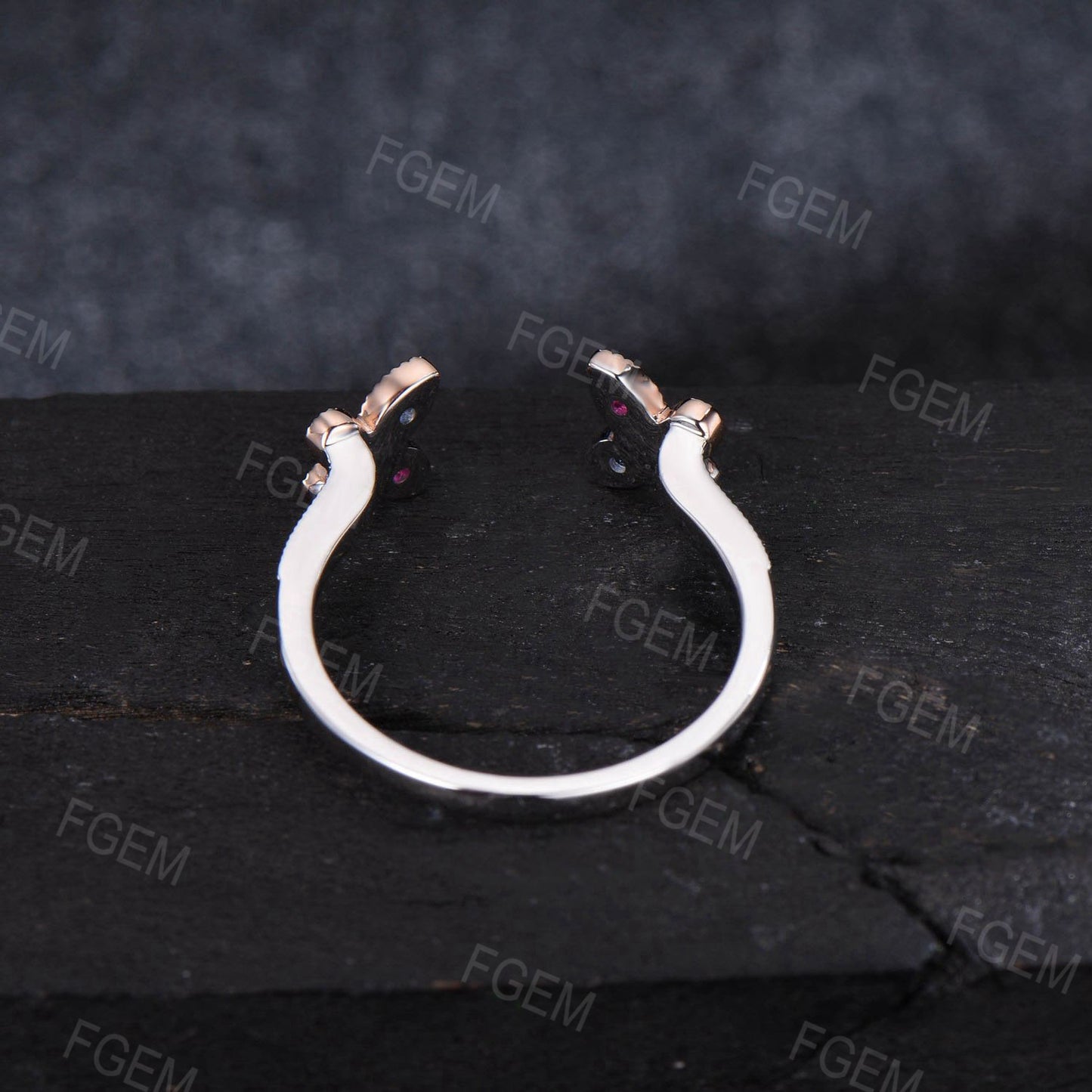 Art Deco Butterfly Wedding Band 14K Rose Gold Enhancer Guard Ring Unique Butterfly Enhancer Ring Vintage Sapphire Ruby Proposal Jacket Band