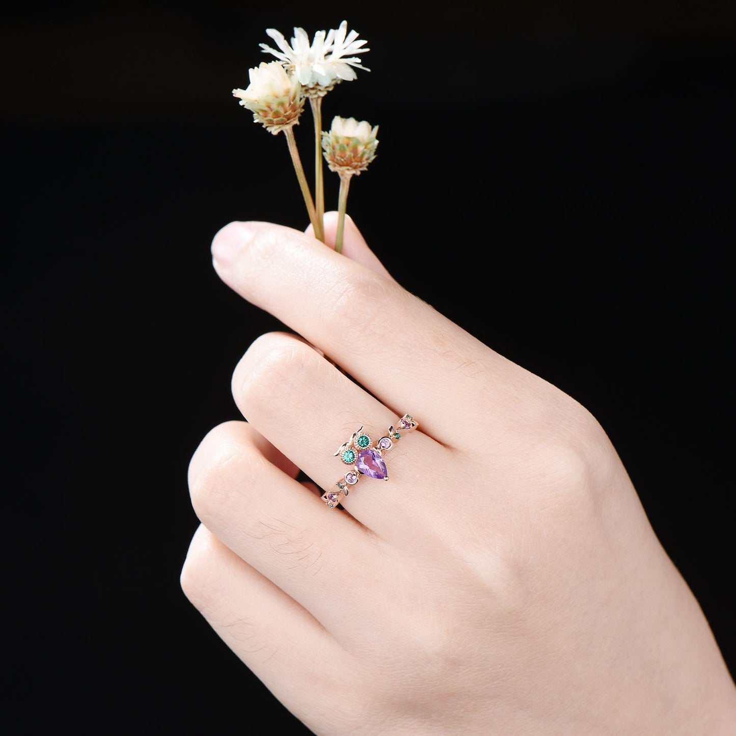Branch Twig Vine Owl Amethyst Engagement Ring Antique Nature Inspired Pear Natural Purple Amethyst Emerald Wedding Ring Unique Proposal Gift