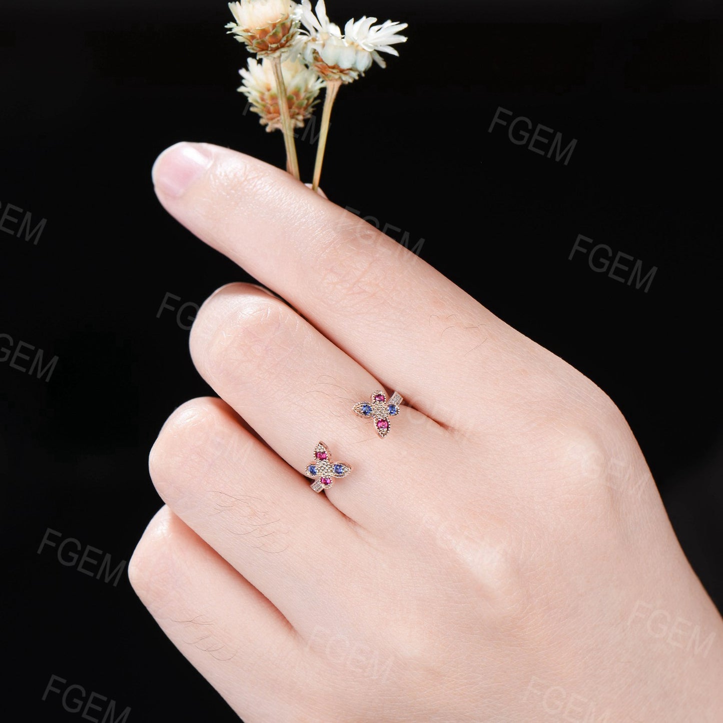 Art Deco Butterfly Wedding Band 14K Rose Gold Enhancer Guard Ring Unique Butterfly Enhancer Ring Vintage Sapphire Ruby Proposal Jacket Band
