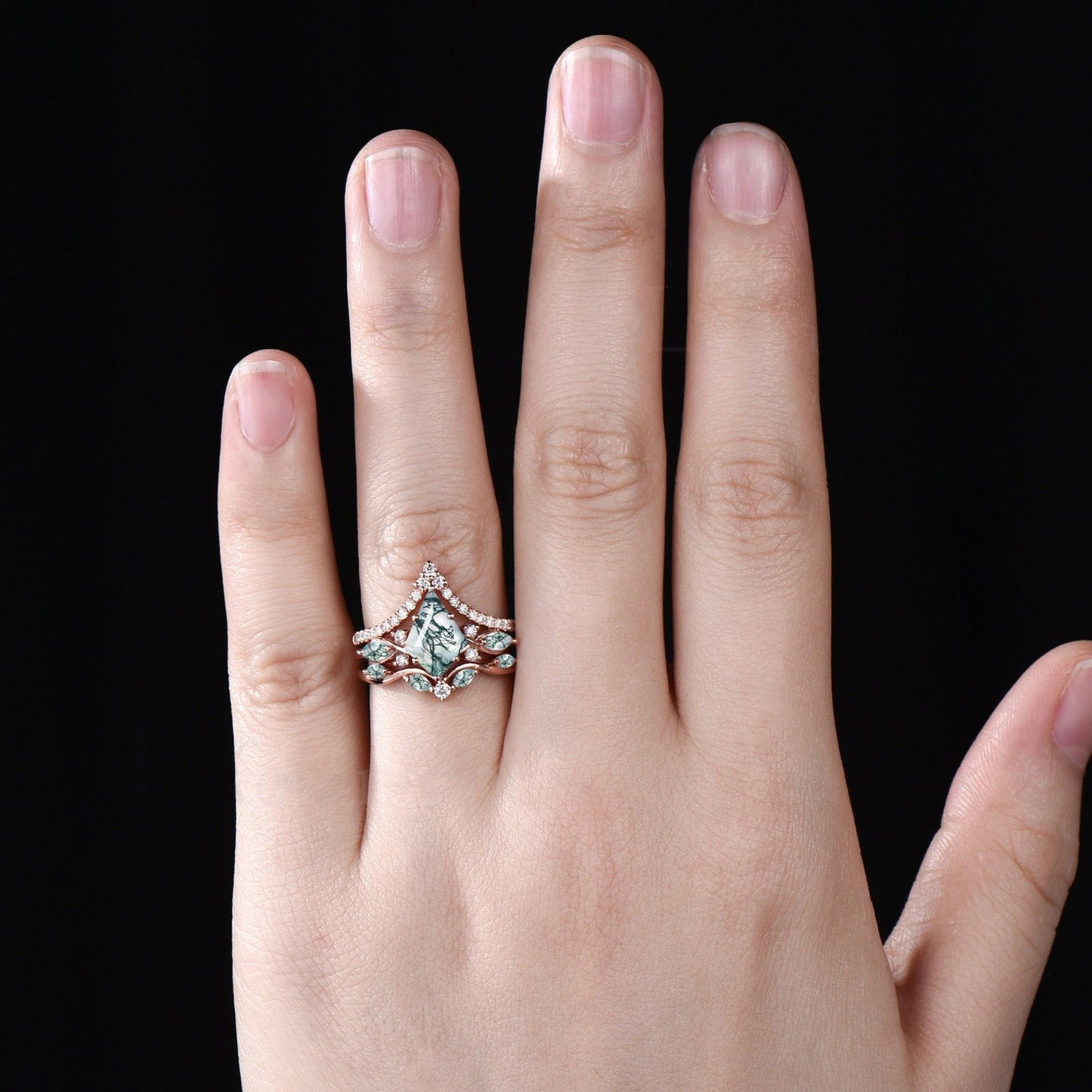 Unique Kite Cut Moss Agate Engagement Ring Set Vintage Round Moissanite Half Eternity Ring Art Deco 14k Rose Gold 3pcs Bridal Ring Set Women