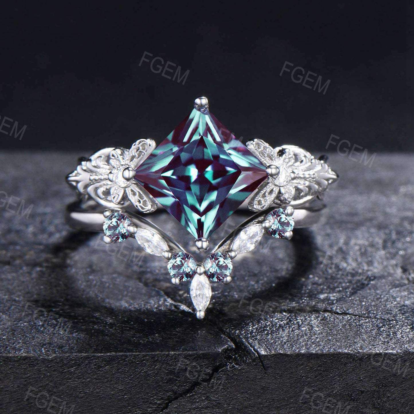 Butterfly Alexandrite Engagement Ring Set 7mm Princess Cut June Birthstone Bridal Ring Set 14k Gold Infinity Love Wedding Ring
