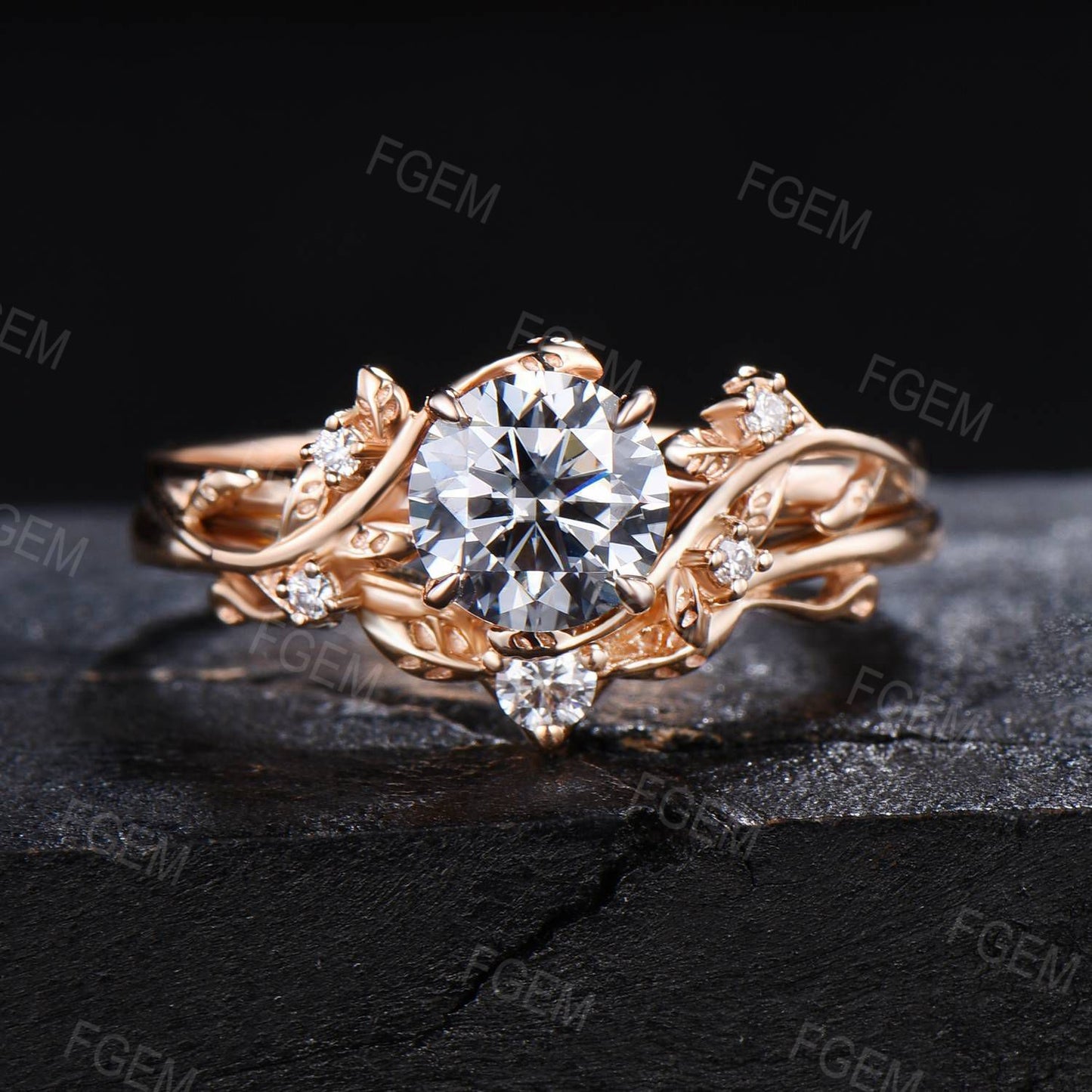 14k Solid Gold Engagement Ring Nature Inspired Grey Moissanite Ring 1ct Round Moissanite Bridal Set Twig Leaf Ring Set Proposal Women Gift