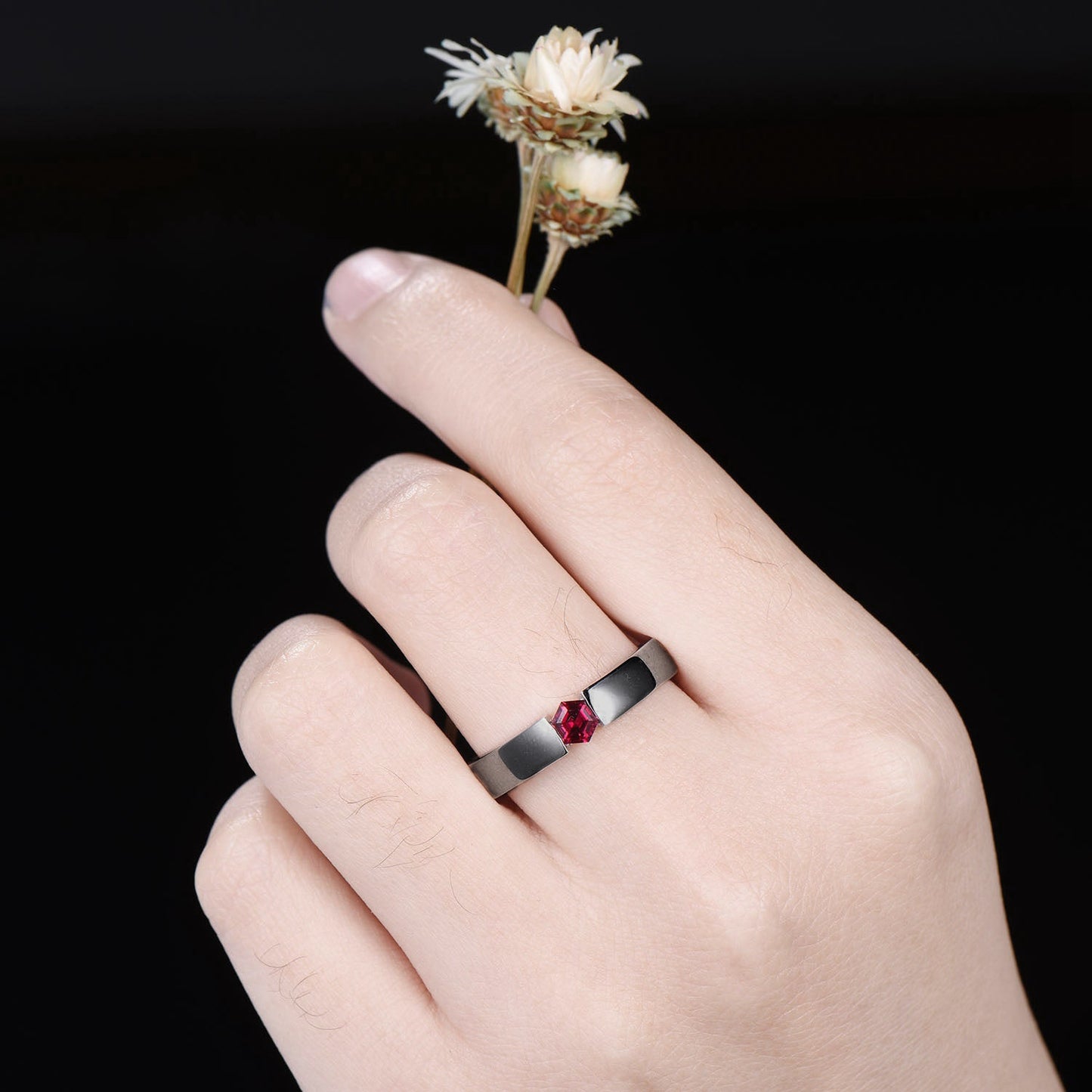 4mm Mens Ruby Wedding Band 14K Black Gold Hexagon Cut Ruby Engagement Ring Pinky Ring July Birthstone Jewelry Tension Set Ring Promise Gift
