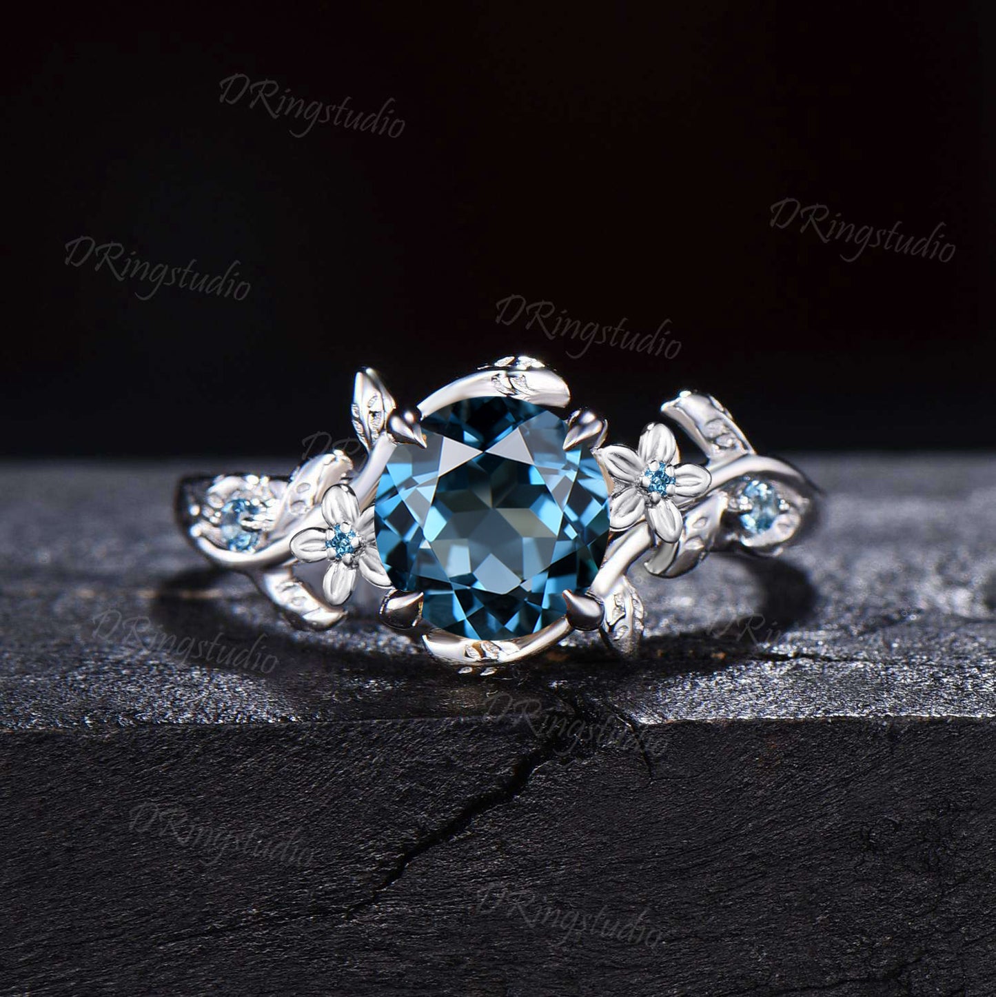 1ct Round Cut Nature Inspired Flower London Blue Topaz Wedding Ring Sterling Silver Topaz Bridal Ring Unique Anniversary/Promise Ring Gifts