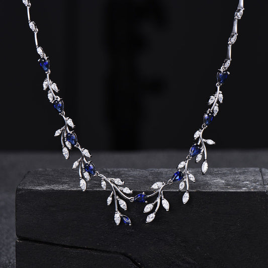 Lab-Created Blue Sapphire Necklace, Blue Gemstone Necklace,Leaf Marquise Moissanite Wedding Jewelry ,Vine Leaf Blue Bridal Wedding Necklace