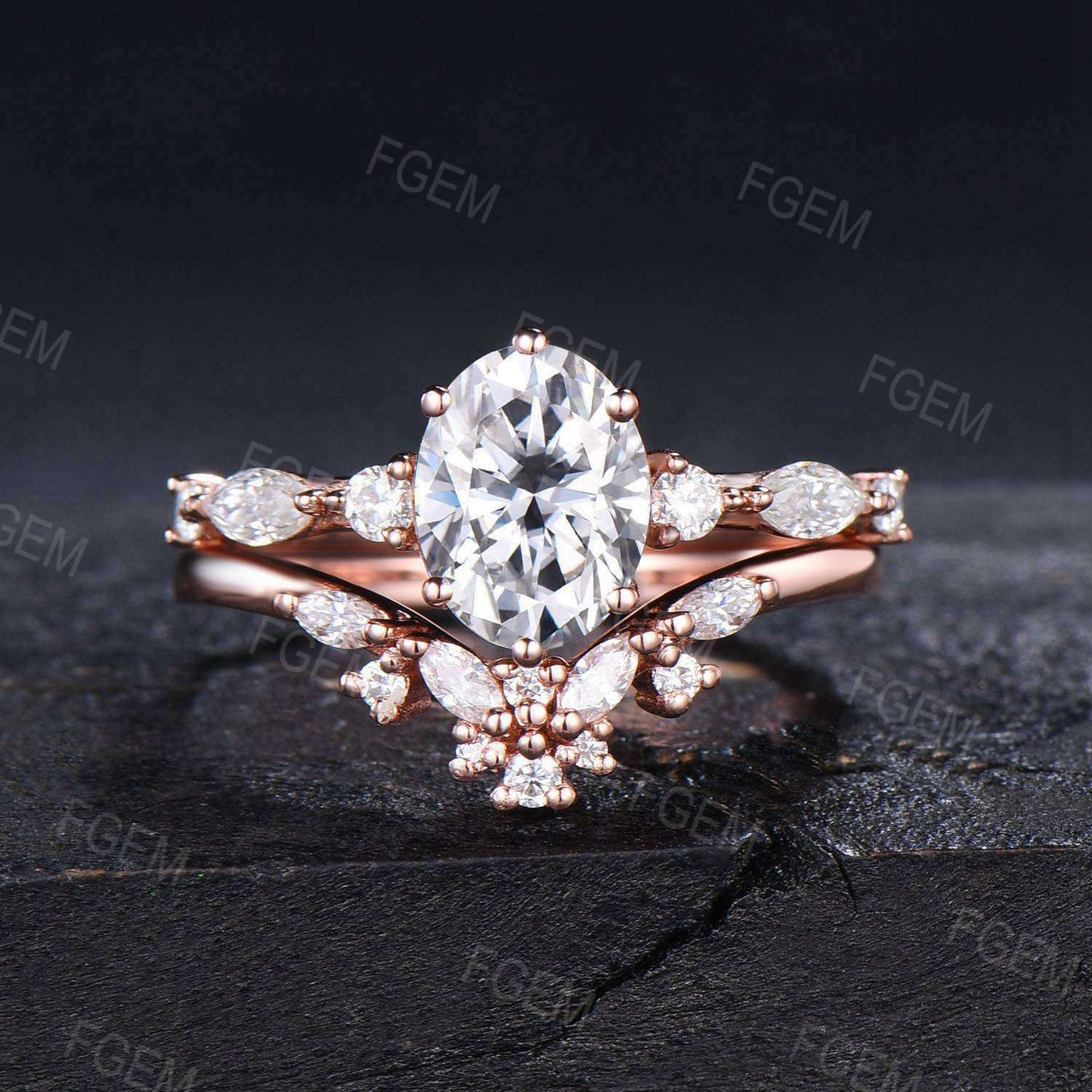 1.5ct Oval Moissanite Engagement Ring Set Vintage 14K Rose Gold Oval Wedding Ring Moissanite Diamond Bridal Set Proposal Gifts