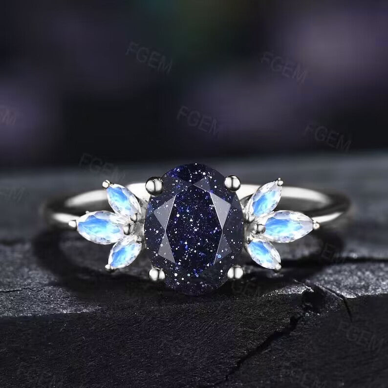 1.5ct Oval Cut Blue Sandstone Cluster Engagement Rings Galaxy Starry Sky Ring Black Gemstone Ring Unique Handmade Proposal Gifts for Women