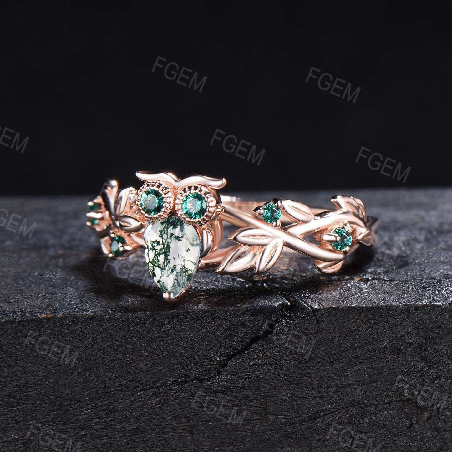 Owl Teardrop Moss Agate Engagement Ring Branch Leaf Vine Aquatic Agate Emerald Wedding Ring Nature Style Owl Lover Ring Green Gemstone Ring
