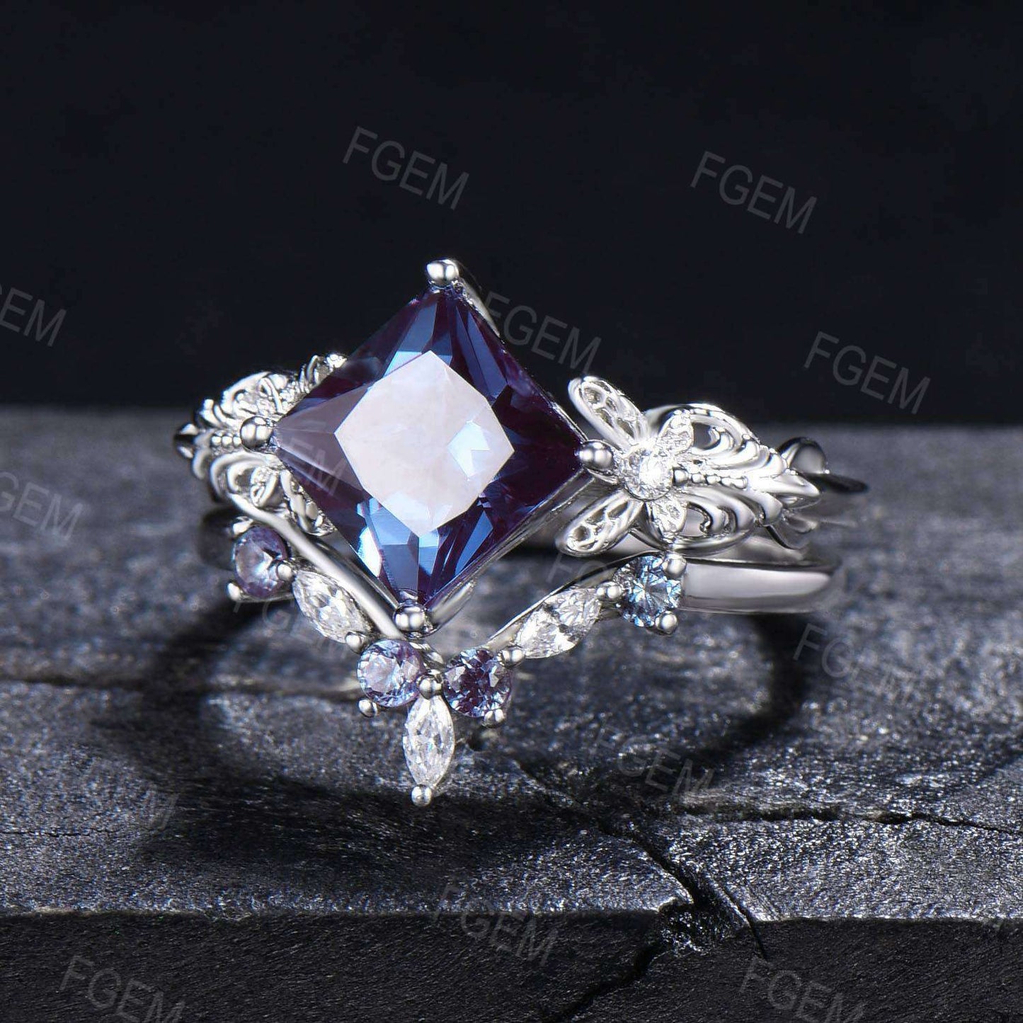 Butterfly Alexandrite Engagement Ring Set 7mm Princess Cut June Birthstone Bridal Ring Set 14k Gold Infinity Love Wedding Ring
