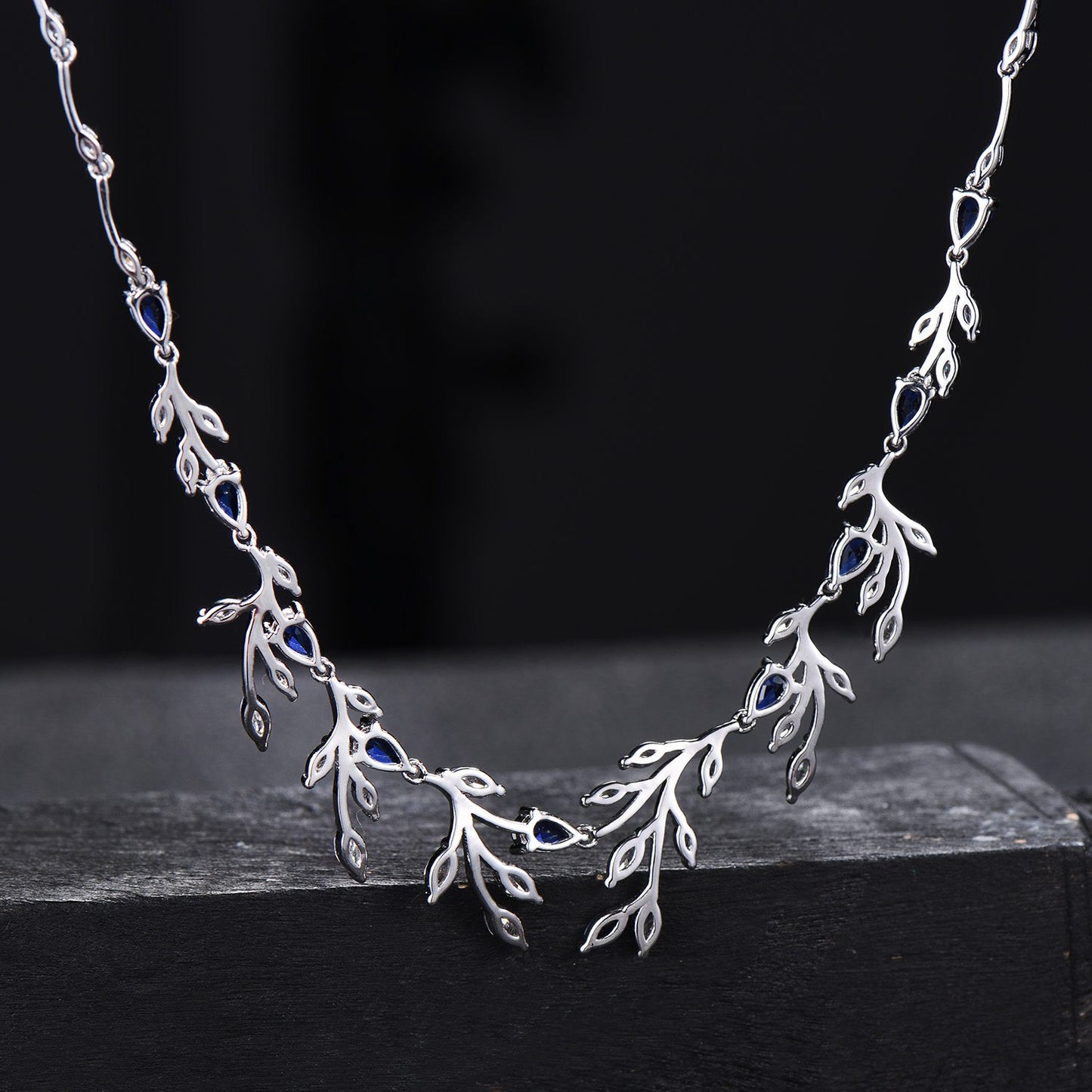 Lab-Created Blue Sapphire Necklace, Blue Gemstone Necklace,Leaf Marquise Moissanite Wedding Jewelry ,Vine Leaf Blue Bridal Wedding Necklace