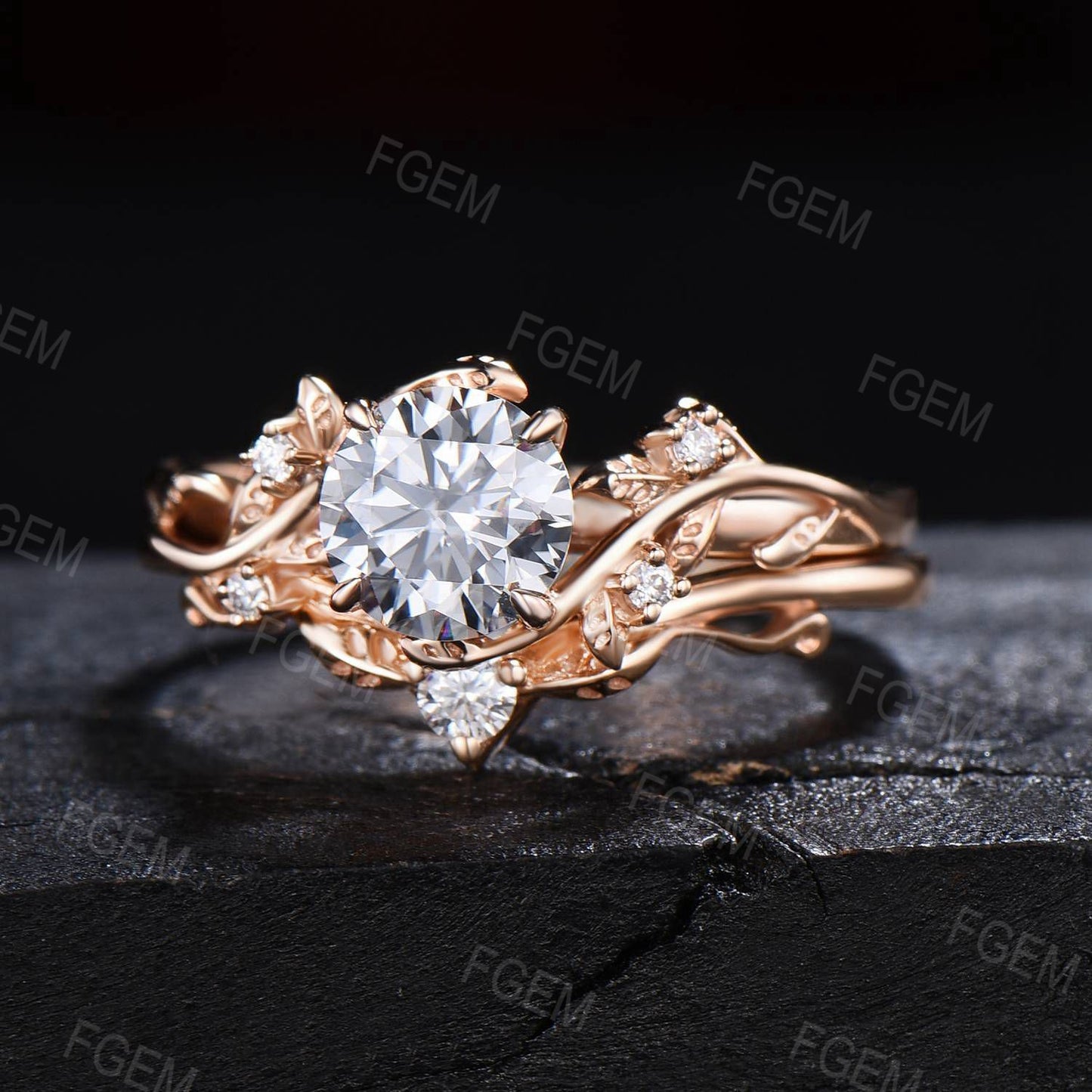 14k Solid Gold Engagement Ring Nature Inspired Grey Moissanite Ring 1ct Round Moissanite Bridal Set Twig Leaf Ring Set Proposal Women Gift