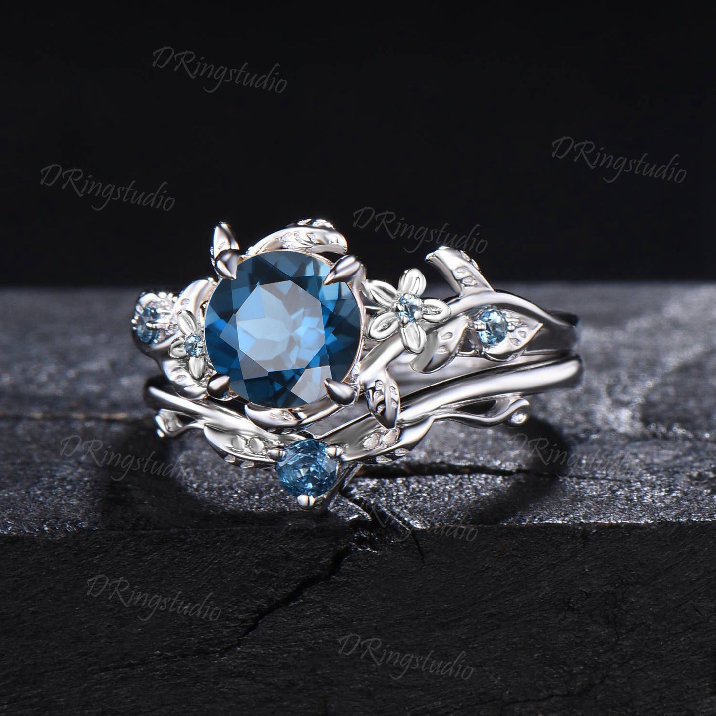 1ct Round Cut Nature Inspired Flower London Blue Topaz Wedding Ring Sterling Silver Topaz Bridal Ring Unique Anniversary/Promise Ring Gifts
