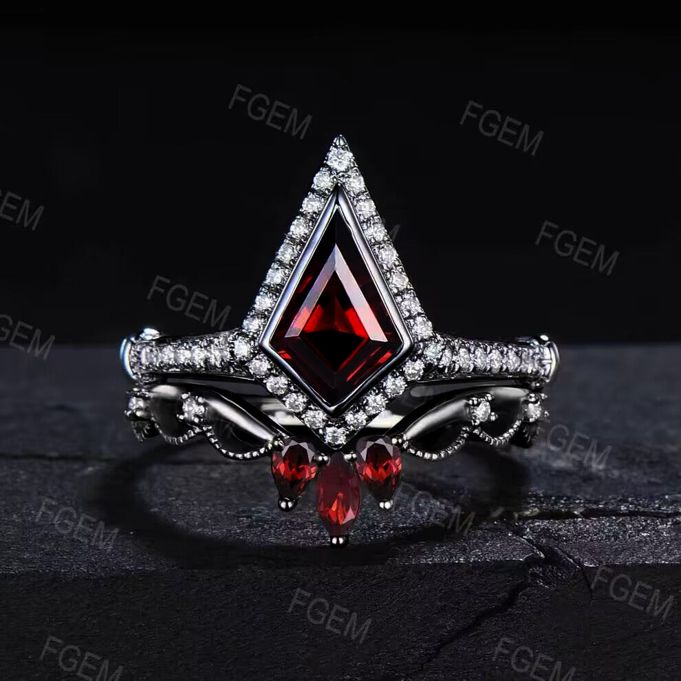 Kite Cut Natural Red Garnet Halo Engagement Ring Set 10K White Gold Moissanite Garnet Bezel Wedding Bridal Set Unique Anniversary Gift Women